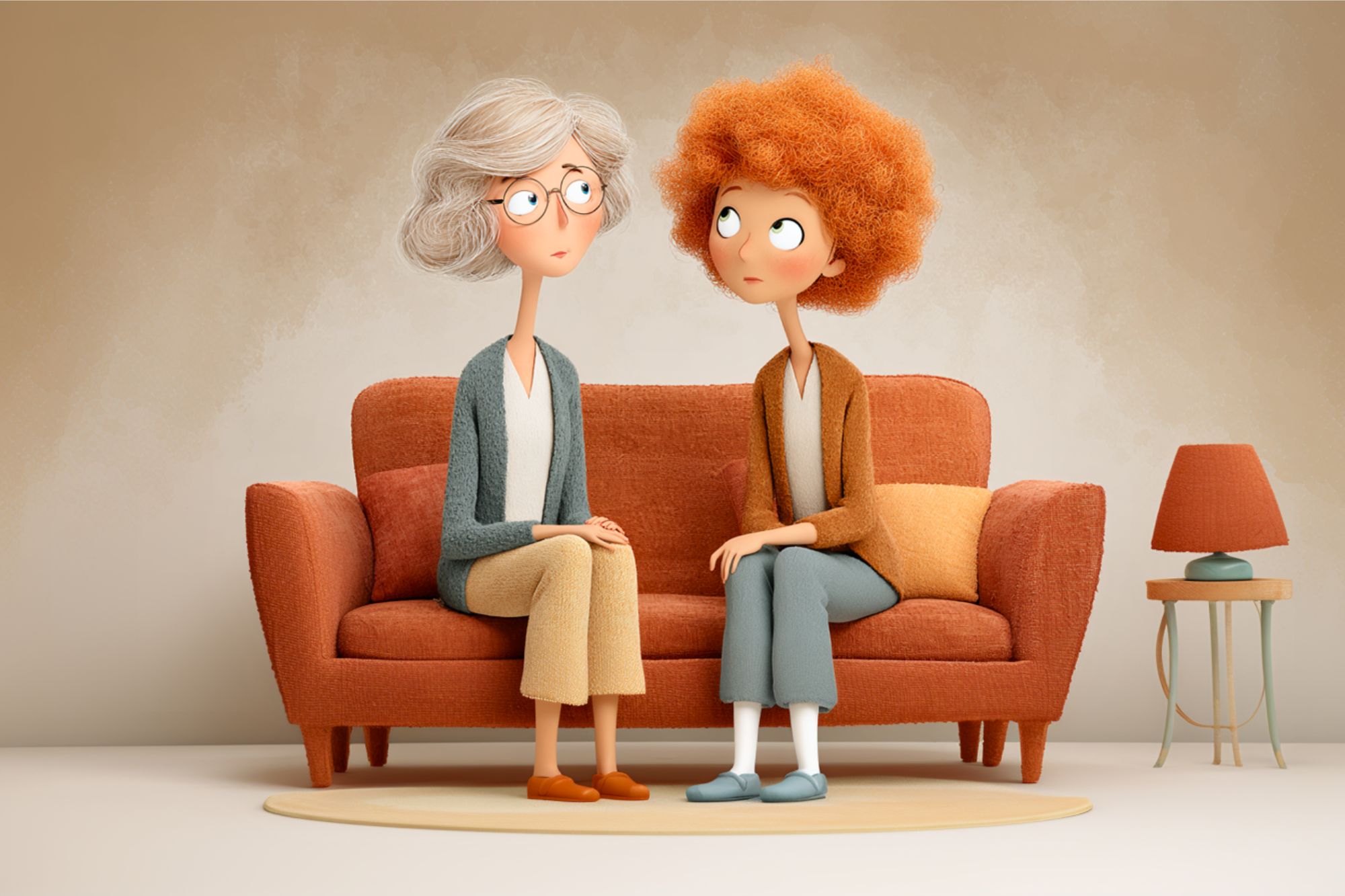 Two animated women sit on an orange sofa in a cozy room. One has short gray hair and glasses, the other has curly red hair. They face each other, looking concerned, with a lamp and a cushion nearby.