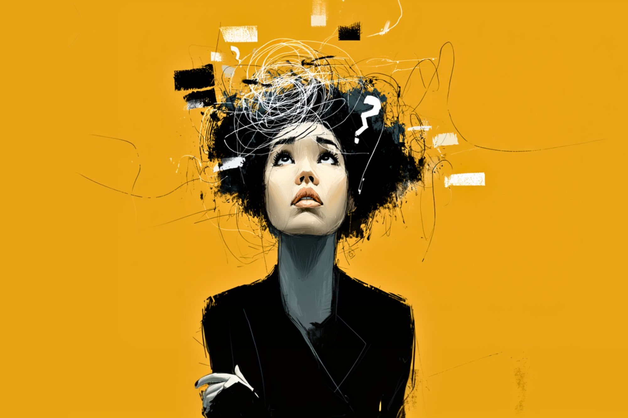 A woman looks upward with a troubled expression. Abstract scribbles, rectangles, and a question mark surround her head on a yellow background, symbolizing confusion or overthinking.