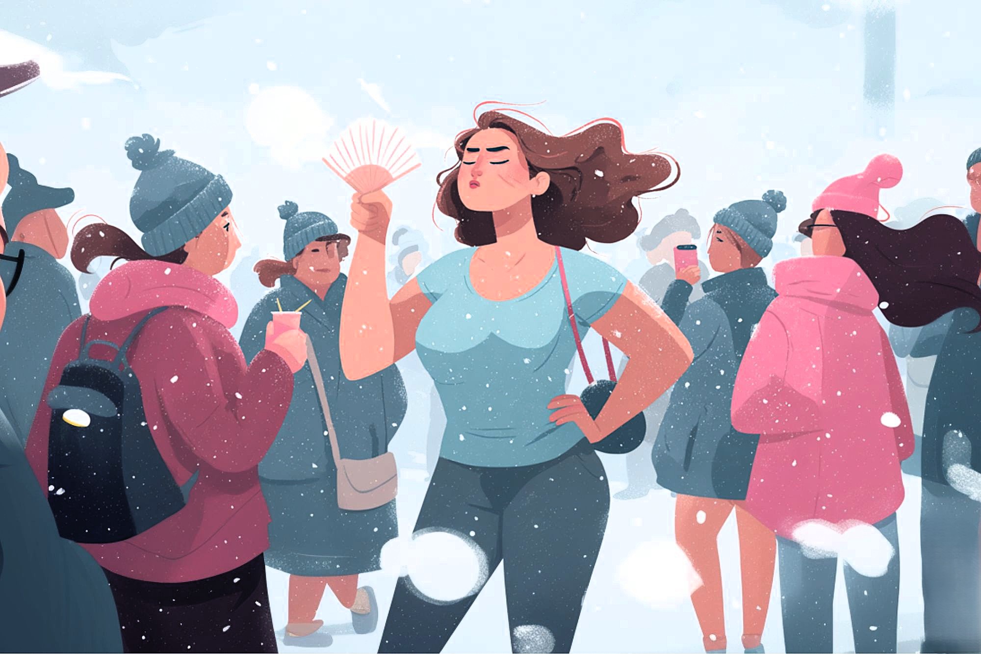 A woman in a light blue sleeveless top fans herself, looking hot, while everyone else around her wears winter clothing and hats in a snowy outdoor setting.