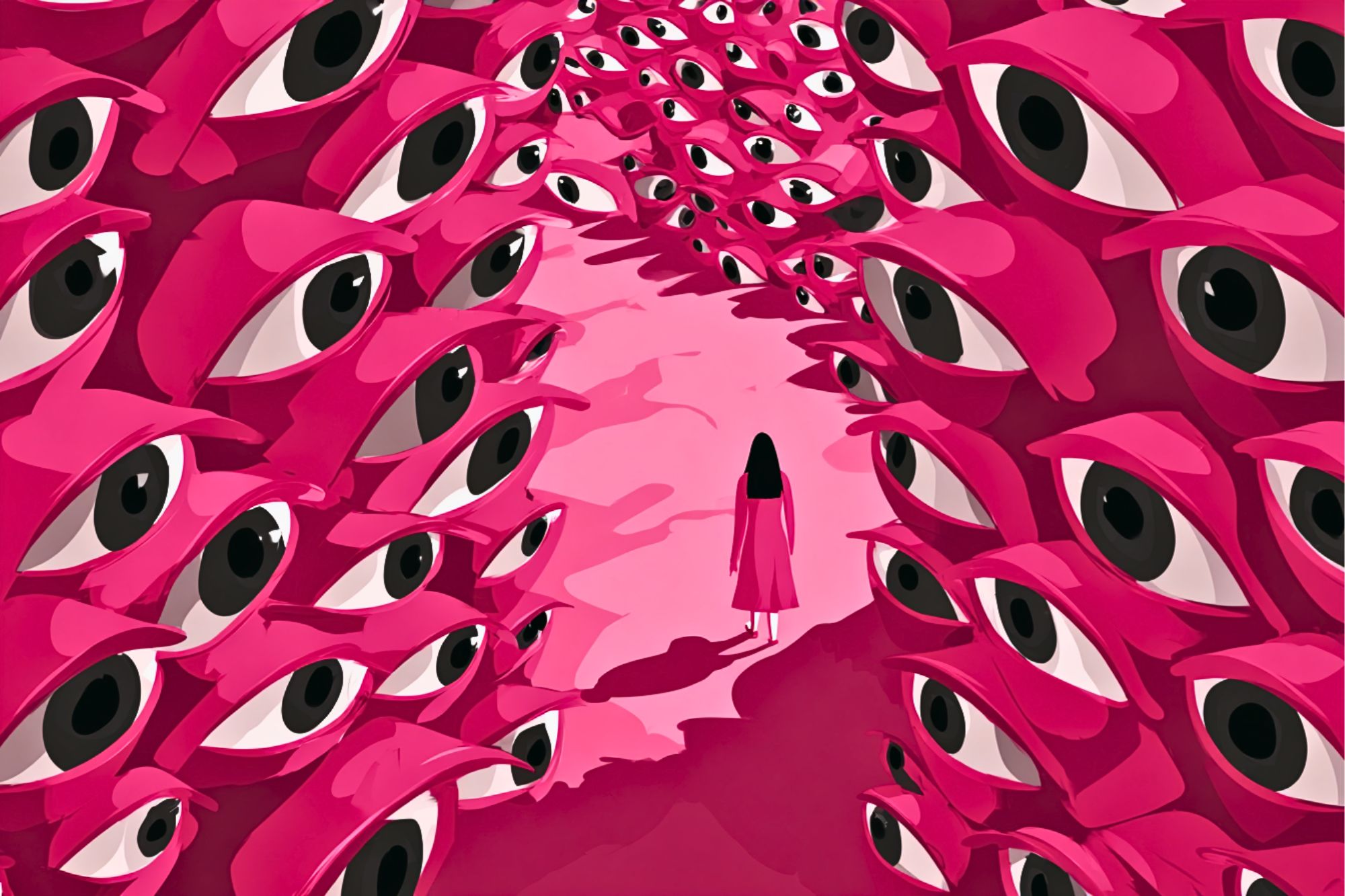A person in a pink dress stands in a surreal pink tunnel lined with large, staring eyes on both sides, creating a sense of being watched.