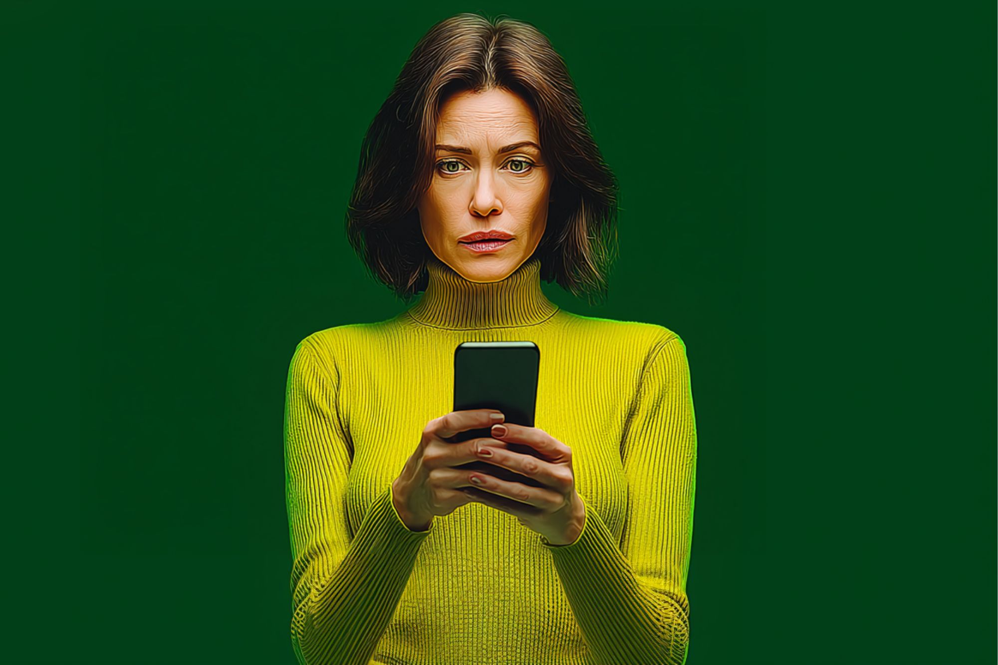A woman with shoulder-length brown hair wearing a yellow-green turtleneck sweater holds a smartphone and looks at the screen with a concerned expression against a solid green background.