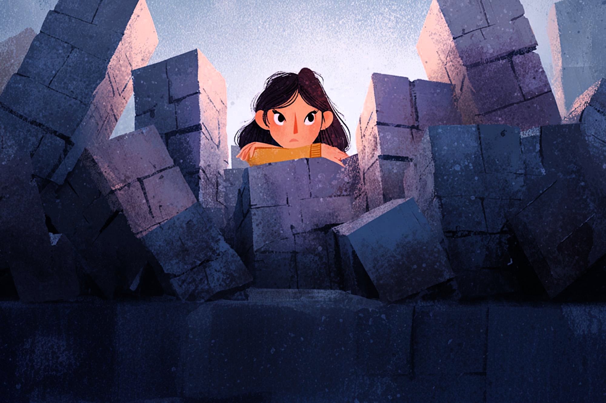 A girl with long dark hair and a serious expression peers over a wall of large, uneven stone blocks, with more blocks stacked and leaning around her against a blue and purple-toned background.