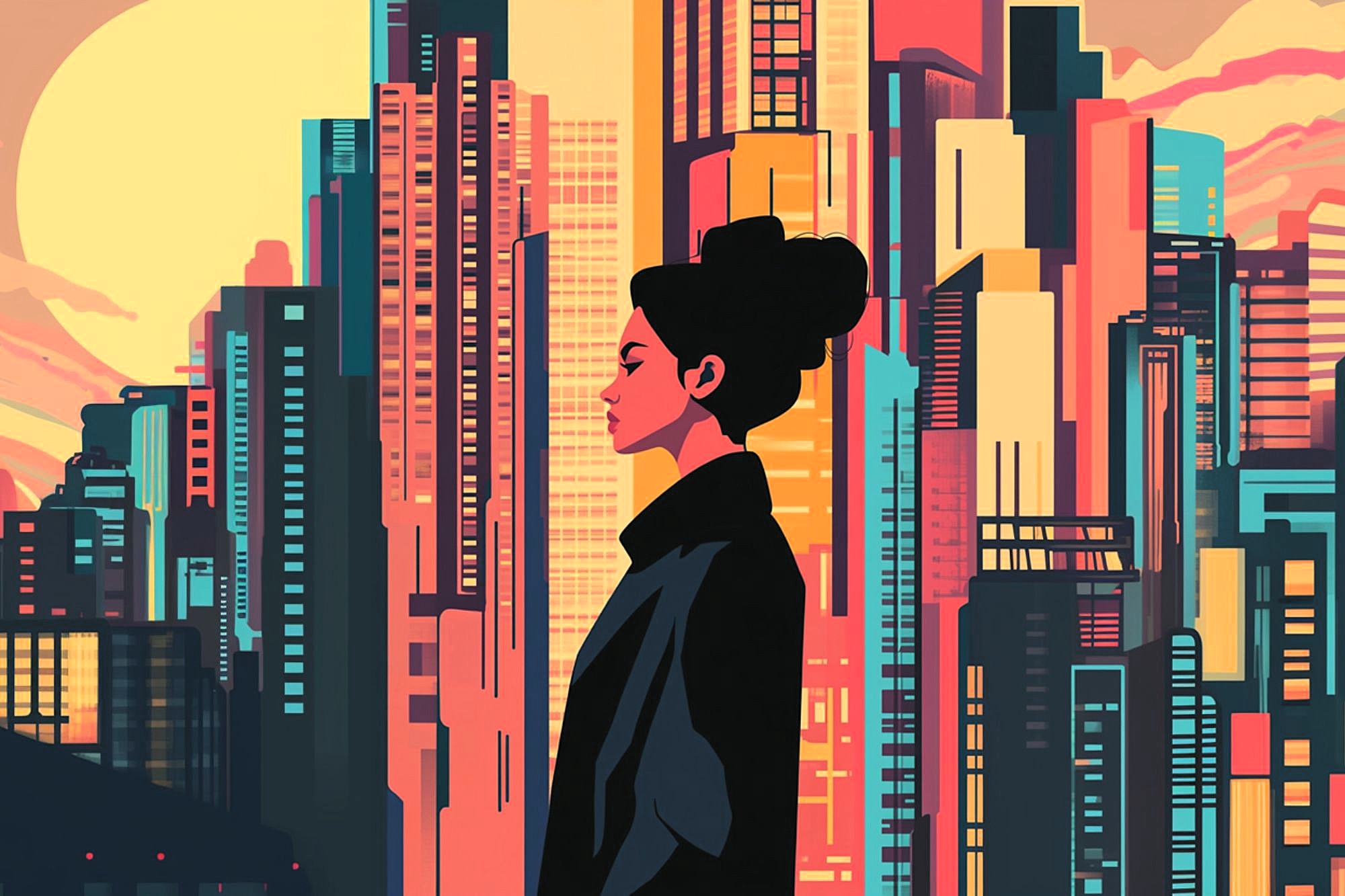 A woman with dark hair in a bun stands in profile against a vibrant, stylized cityscape with tall skyscrapers and a large setting sun in the background. The colors are warm and bold, with shades of orange, yellow, and blue.