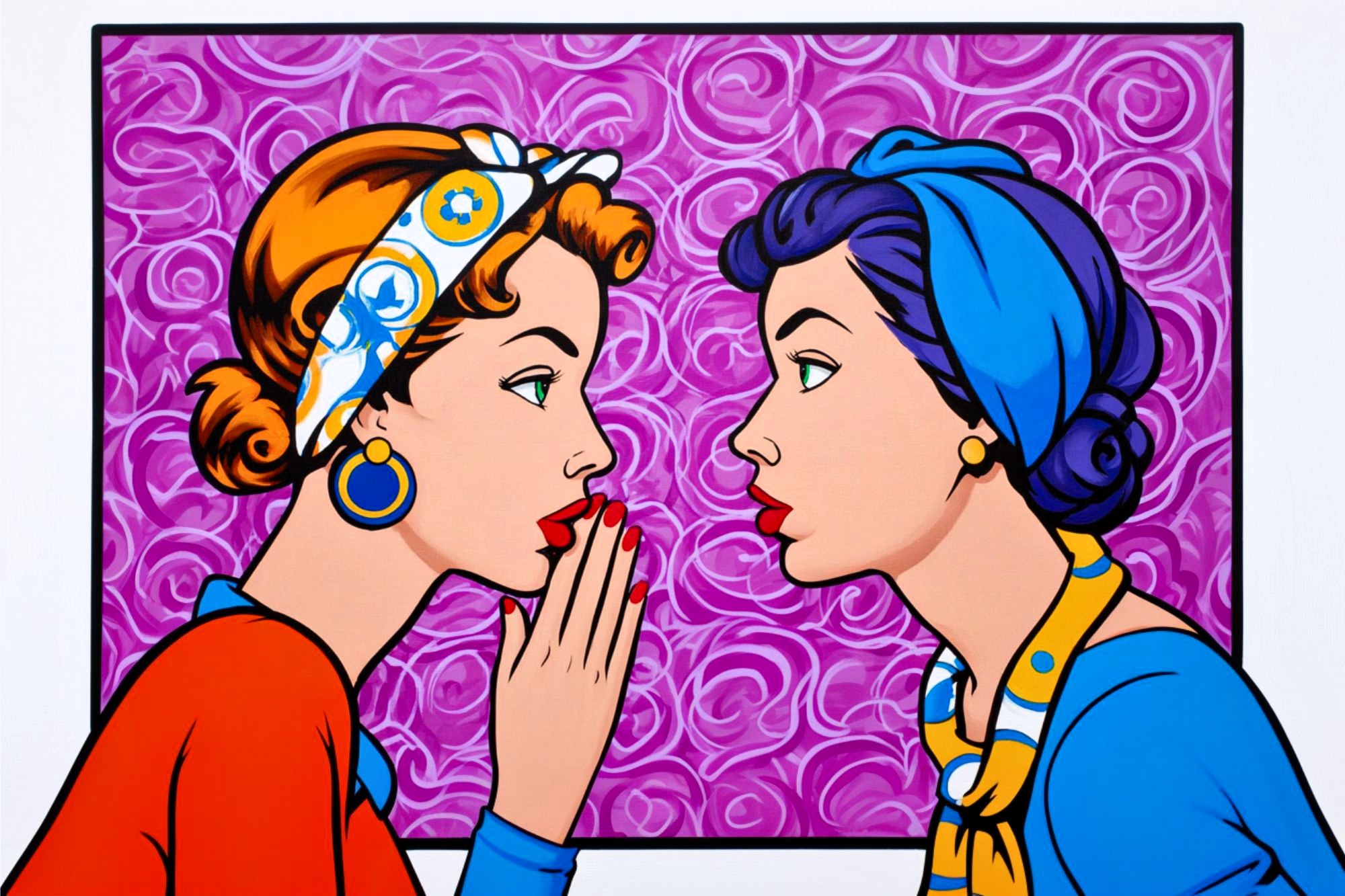 Two women in colorful, retro-style clothing and headscarves face each other. One whispers into the other's ear against a vibrant purple, patterned background, evoking a pop art comic book style.