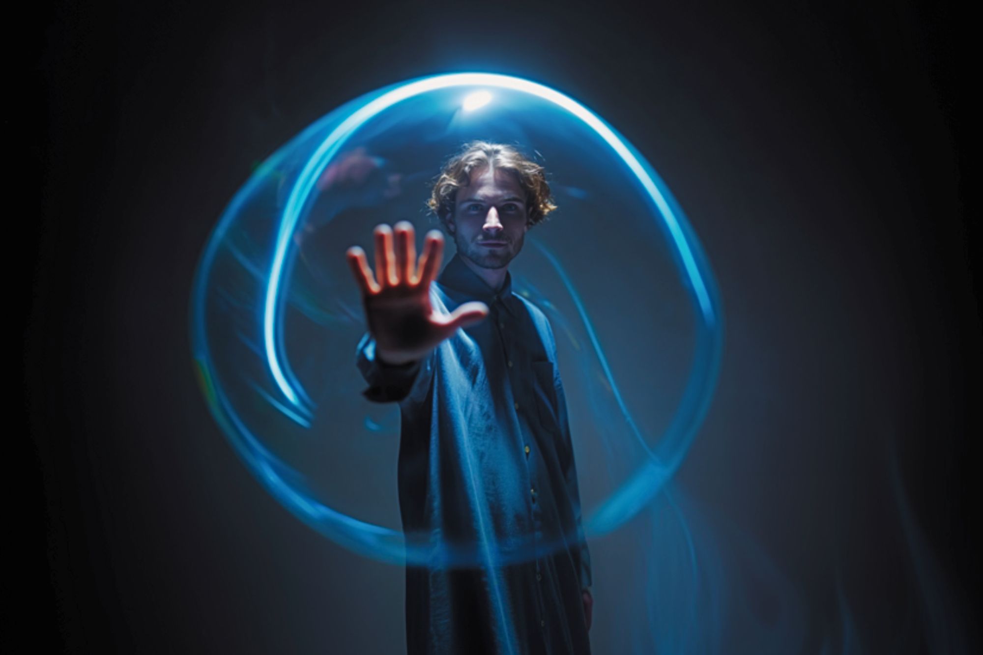 A person in a dark room extends their hand forward, surrounded by a glowing blue light ring, creating a mysterious and futuristic atmosphere.