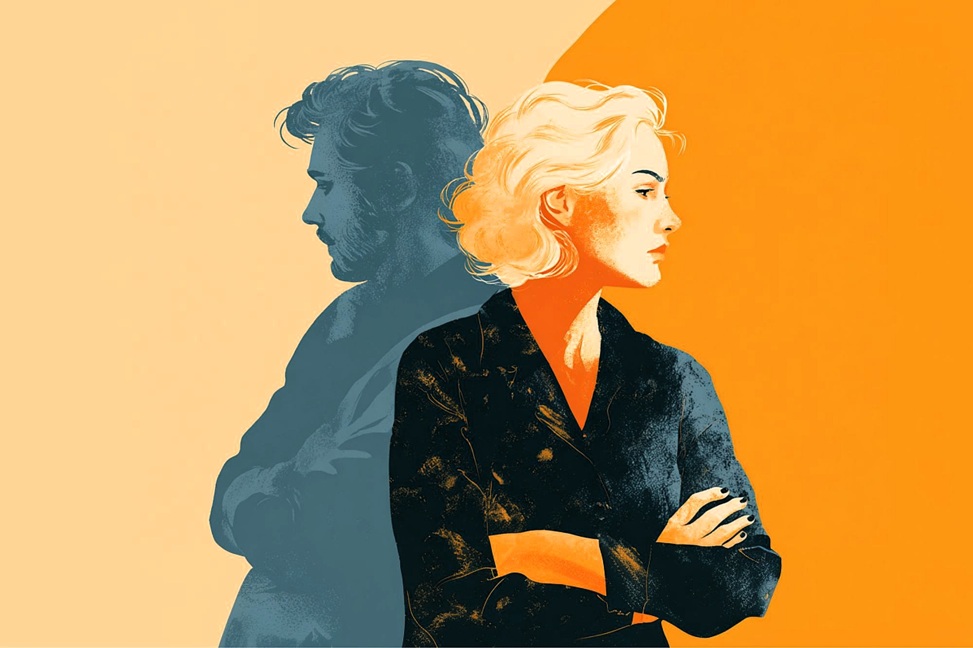An illustrated woman with blonde hair stands with arms crossed, facing right, in front of a shadowy figure of a man facing left. The background is split into light beige and orange halves.