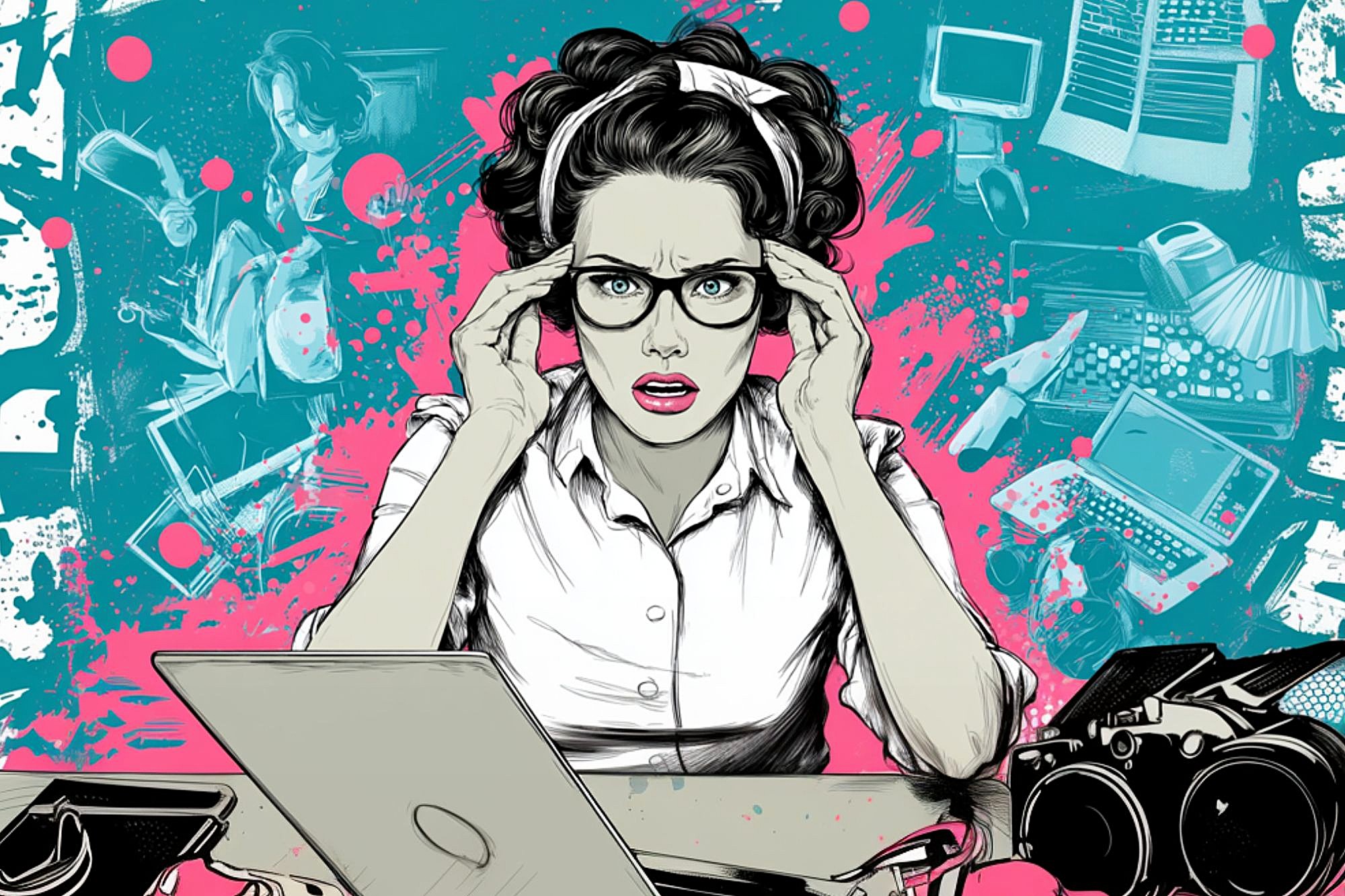 A stressed woman sits at a desk with a laptop, holding her glasses. The background features chaotic sketches of digital devices and office tools, conveying a sense of overwhelm with technology and work.