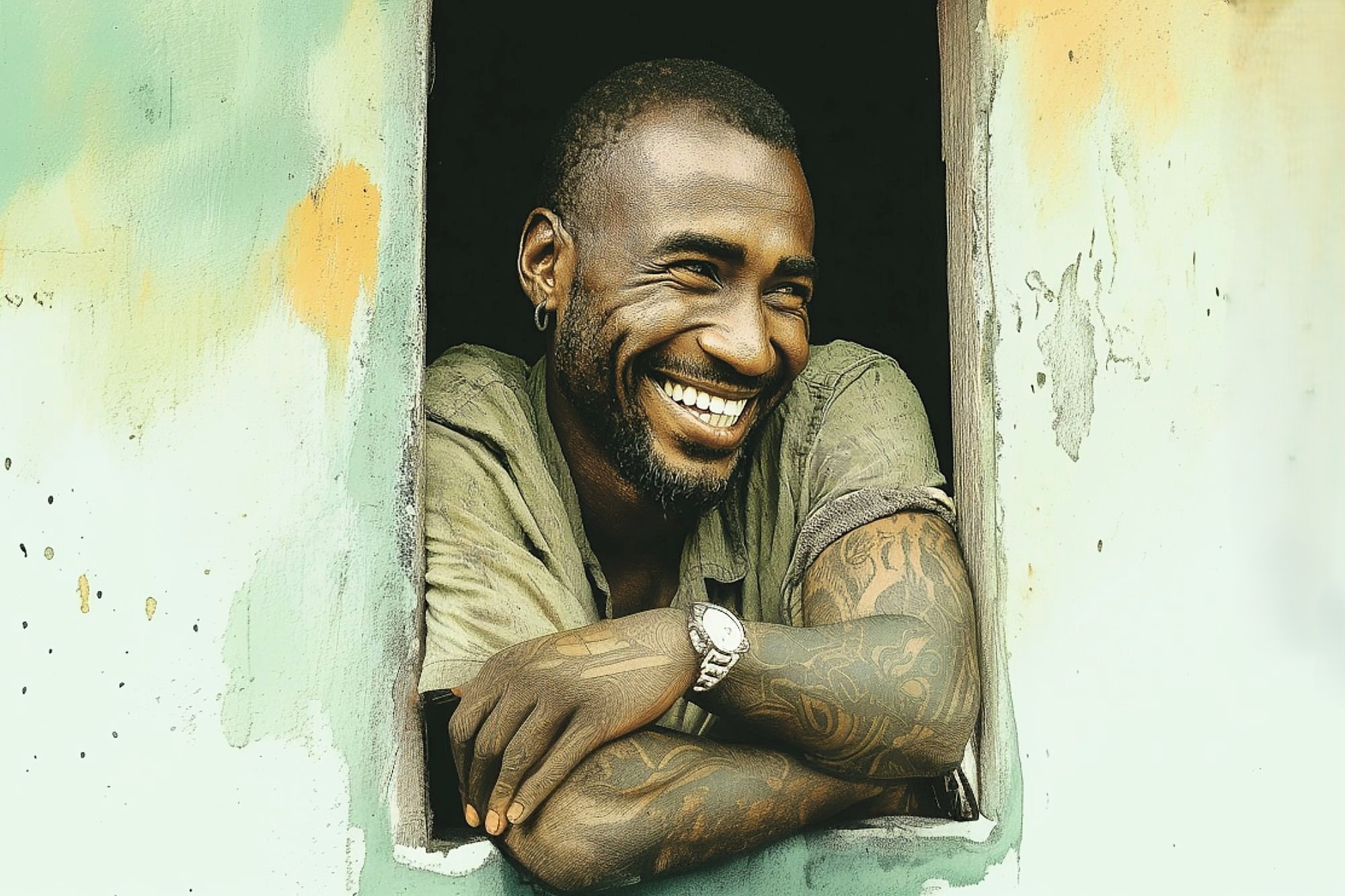 A smiling man with tattoos on his arms leans on a windowsill, wearing a watch and a short-sleeved shirt. The window frame is weathered and part of a wall with faded, peeling paint in green and orange tones.