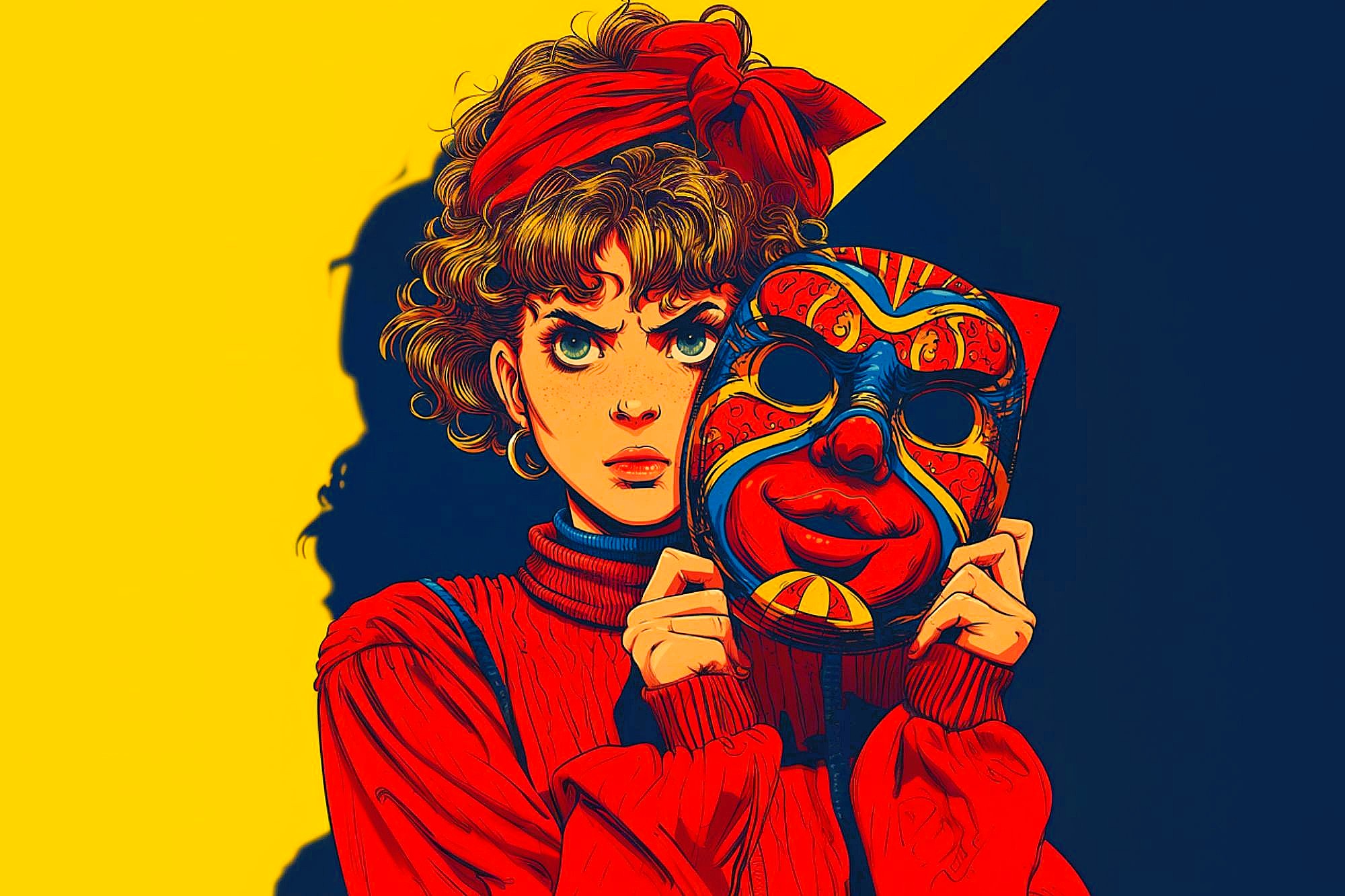 A person with curly hair and a red headband, wearing a red sweater, holds a colorful, expressive mask with bold patterns. The background is split diagonally between bright yellow and dark blue.