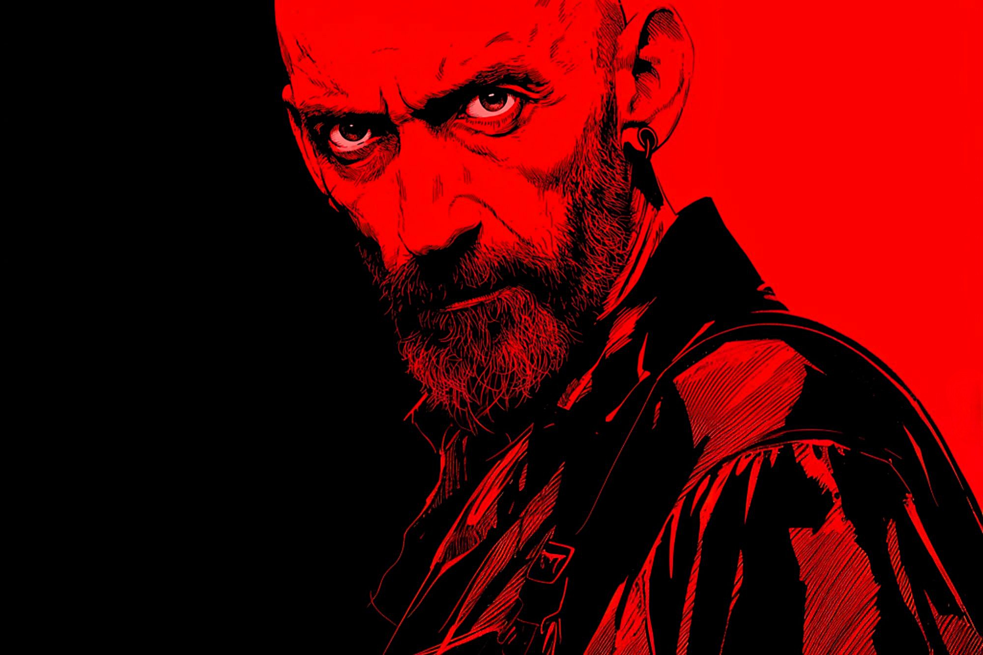 Stylized illustration of a stern, bearded man with an intense gaze, half-lit in red against a red and black split background. His shirt and facial features are depicted with bold, shadowed lines.