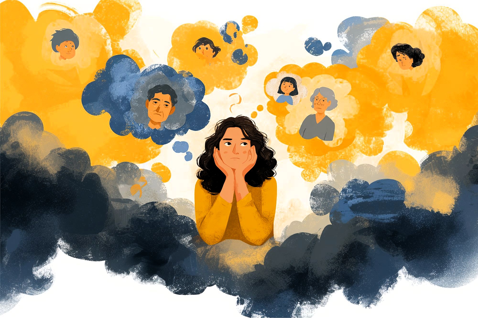A person sits with hands on their chin, surrounded by clouds with faces of different people, representing thoughts or memories. The atmosphere is a mix of bright yellow and dark gray clouds, suggesting mixed emotions.