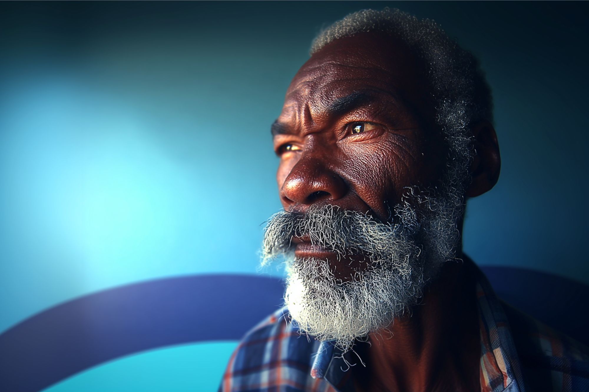 An older man with a gray beard and mustache gazes pensively to the side. He has deep facial lines and wears a plaid shirt, standing against a blue background with soft light illuminating his face.