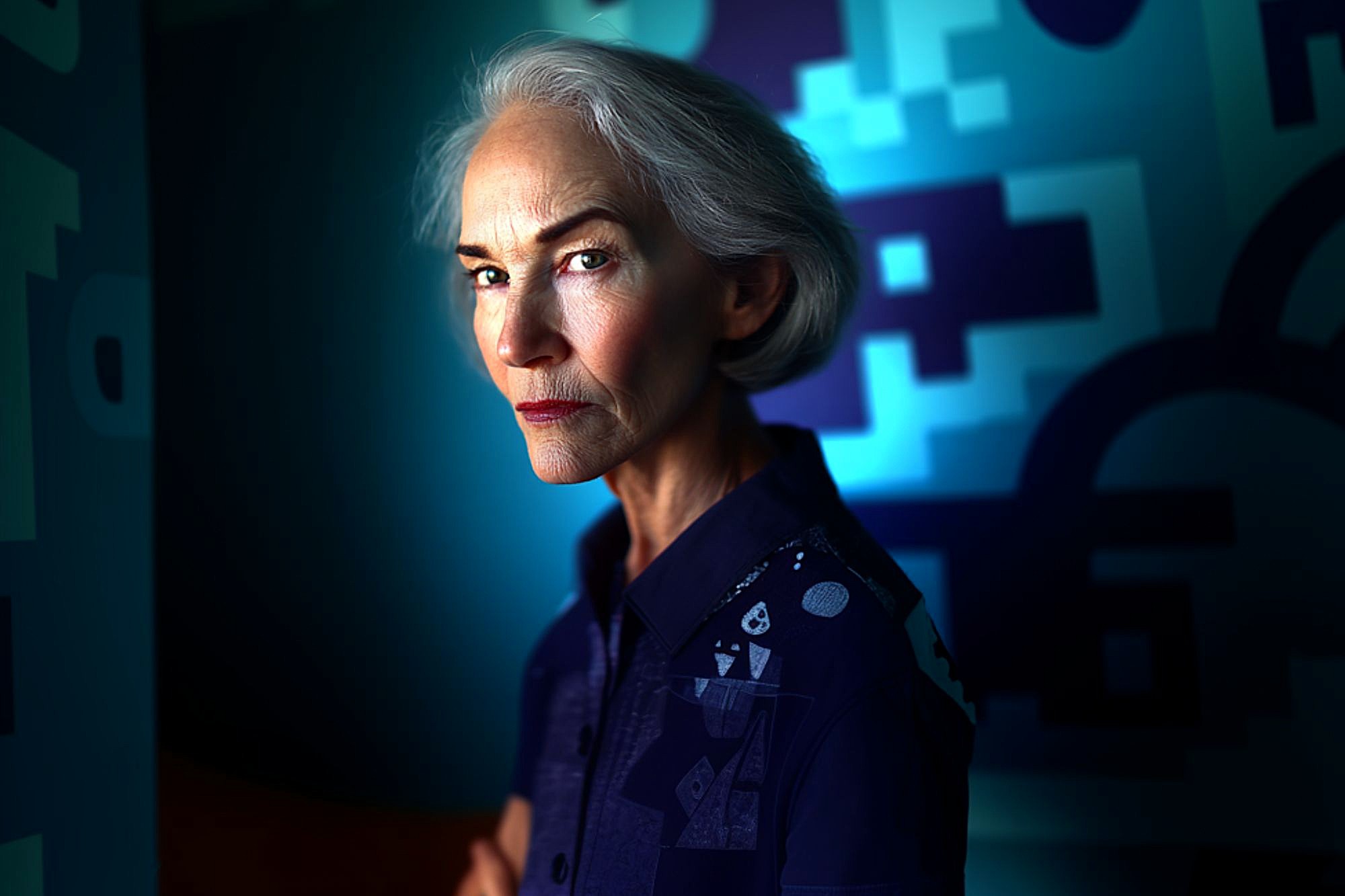 An older woman with short gray hair and a serious expression stands against a blue, geometric-patterned background. She wears a navy shirt with abstract designs and is lit dramatically from the side.