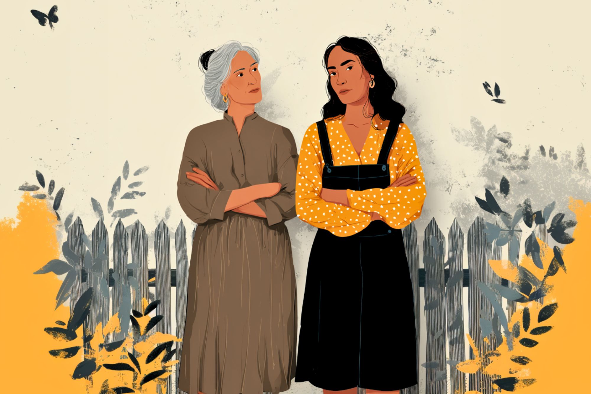 An illustration of two women standing with arms crossed by a wooden fence. One has gray hair and wears a brown dress; the other has long dark hair and wears a yellow polka-dot blouse under a black dress. Leaves and birds surround them.
