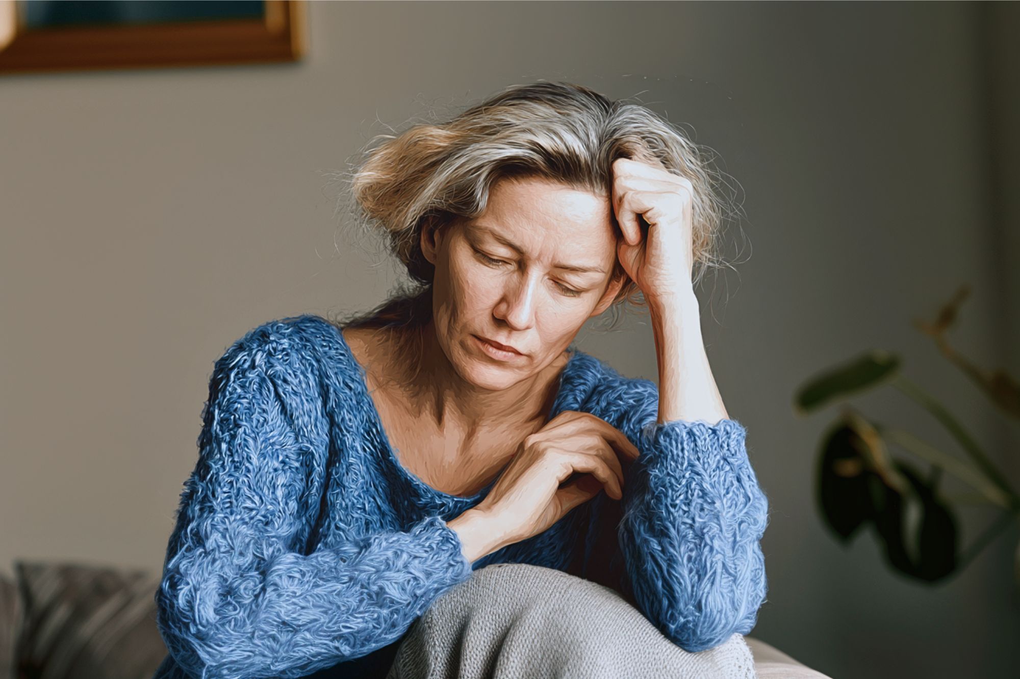 A woman with light hair wearing a blue sweater sits indoors, resting her head on one hand and looking down with a thoughtful or troubled expression.