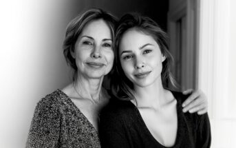 A black and white photo of two women standing close together and smiling, with one woman’s arm around the other’s shoulder, appearing to be a mother and daughter in a warmly lit indoor setting.