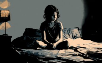 A young girl sits on a messy bed in a dimly lit room, illuminated by soft light from a nearby lamp, looking down with a pensive expression.