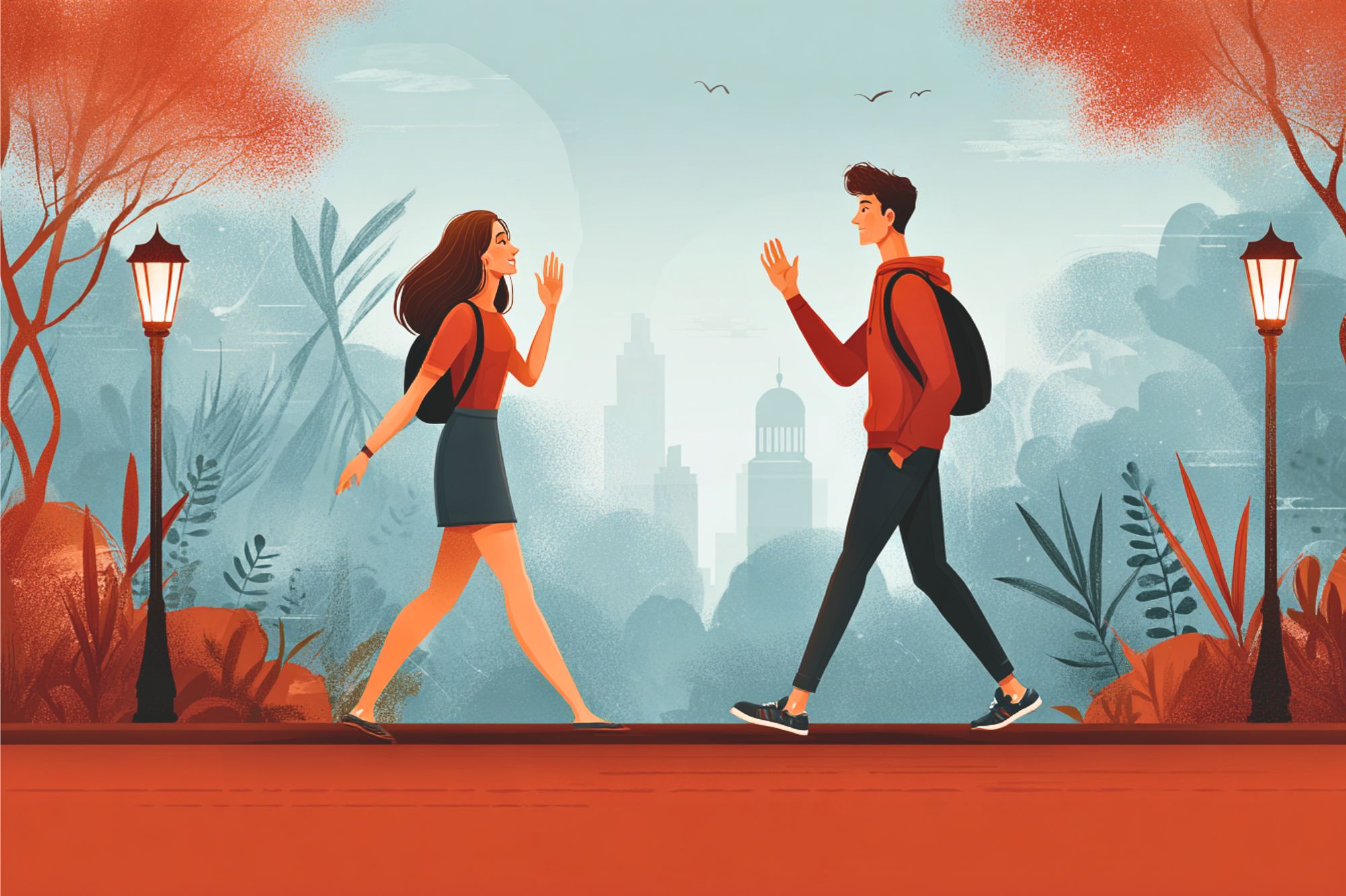 A young woman and man with backpacks walk toward each other on a path, smiling and waving. The scene is surrounded by trees, street lamps, and a city skyline in the background with a soft, warm color palette.