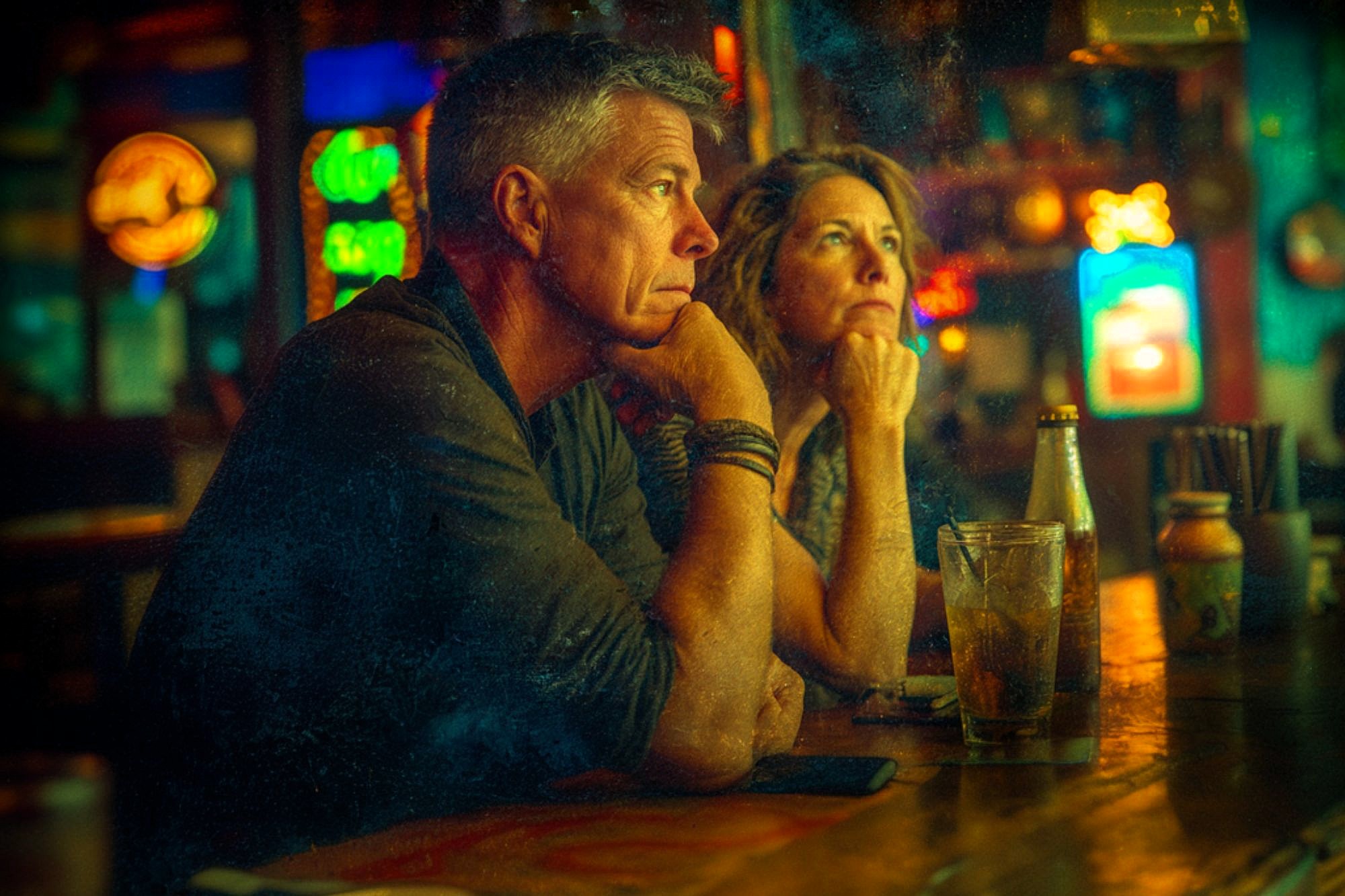 A man and woman sit at a dimly lit bar, both appearing thoughtful as they gaze ahead. Drinks and bottles are on the counter, with colorful neon signs glowing in the blurred background.