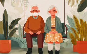An illustration of an elderly man and woman with gray hair and glasses sitting side by side on a bench, surrounded by green potted plants in a serene indoor setting.