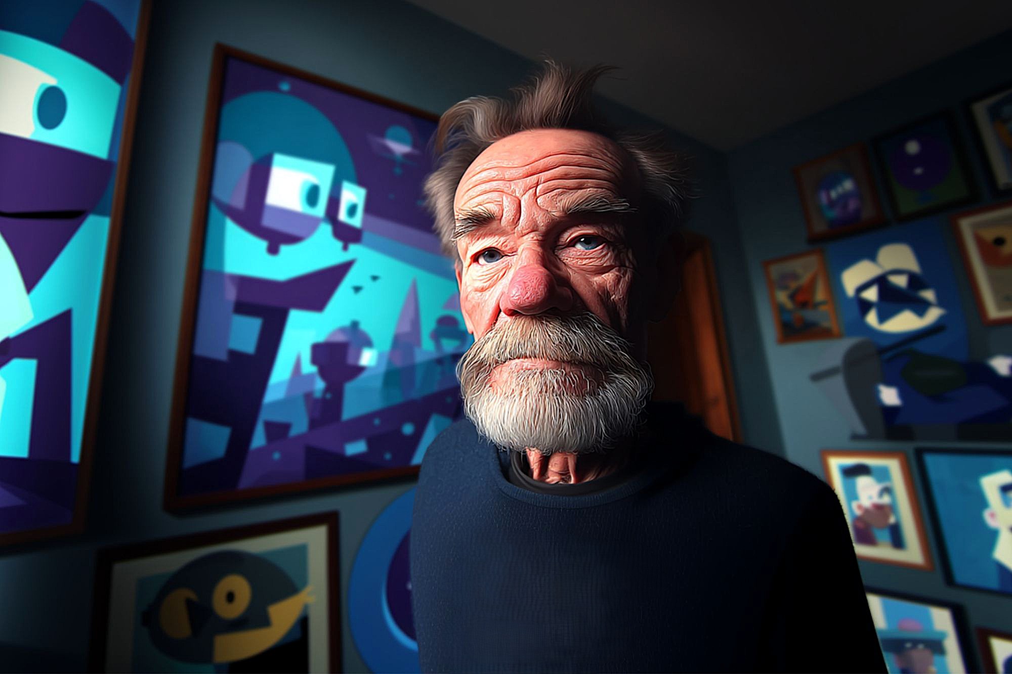 An older man with a gray beard and mustache stands in a room decorated with colorful, abstract artwork and geometric paintings on the walls. The lighting highlights his expressive face and intense gaze.