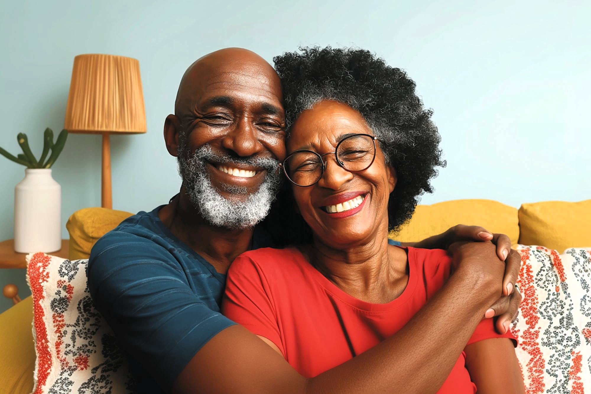 An older couple sits closely on a couch, smiling warmly and embracing each other. They appear happy and relaxed, with bright, cheerful expressions in a cozy, well-lit living room.