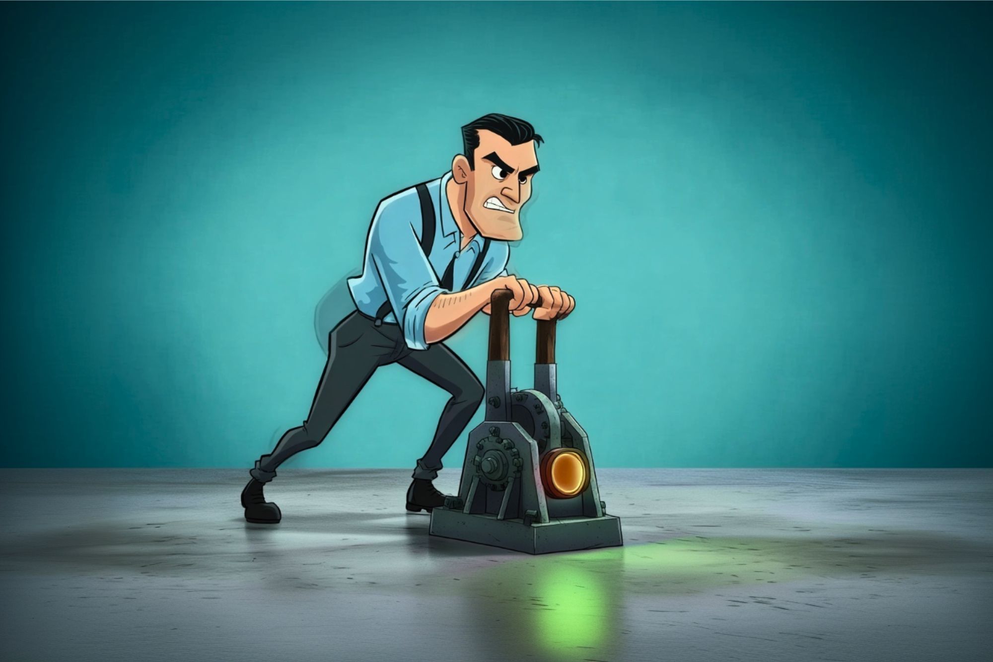 Animated man with slick black hair, rolled-up sleeves, and suspenders strains to pull two large levers on a metal device that glows green, set in a plain room with a teal background.
