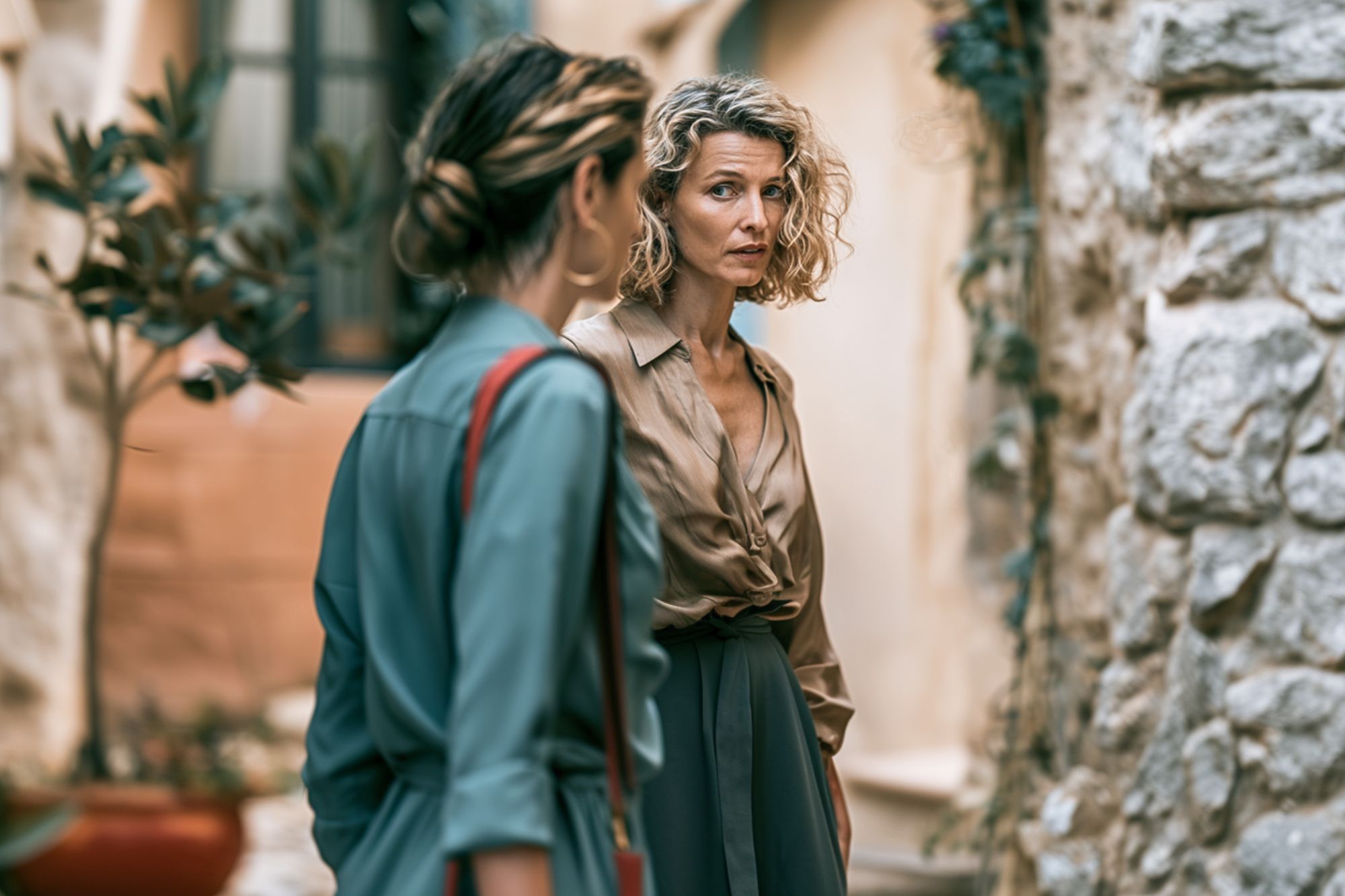 Two women stand in a narrow, sunlit alley with stone walls and potted plants. One woman with curly blonde hair looks at the other, who has her back partly turned. Both wear stylish, neutral-toned outfits.
