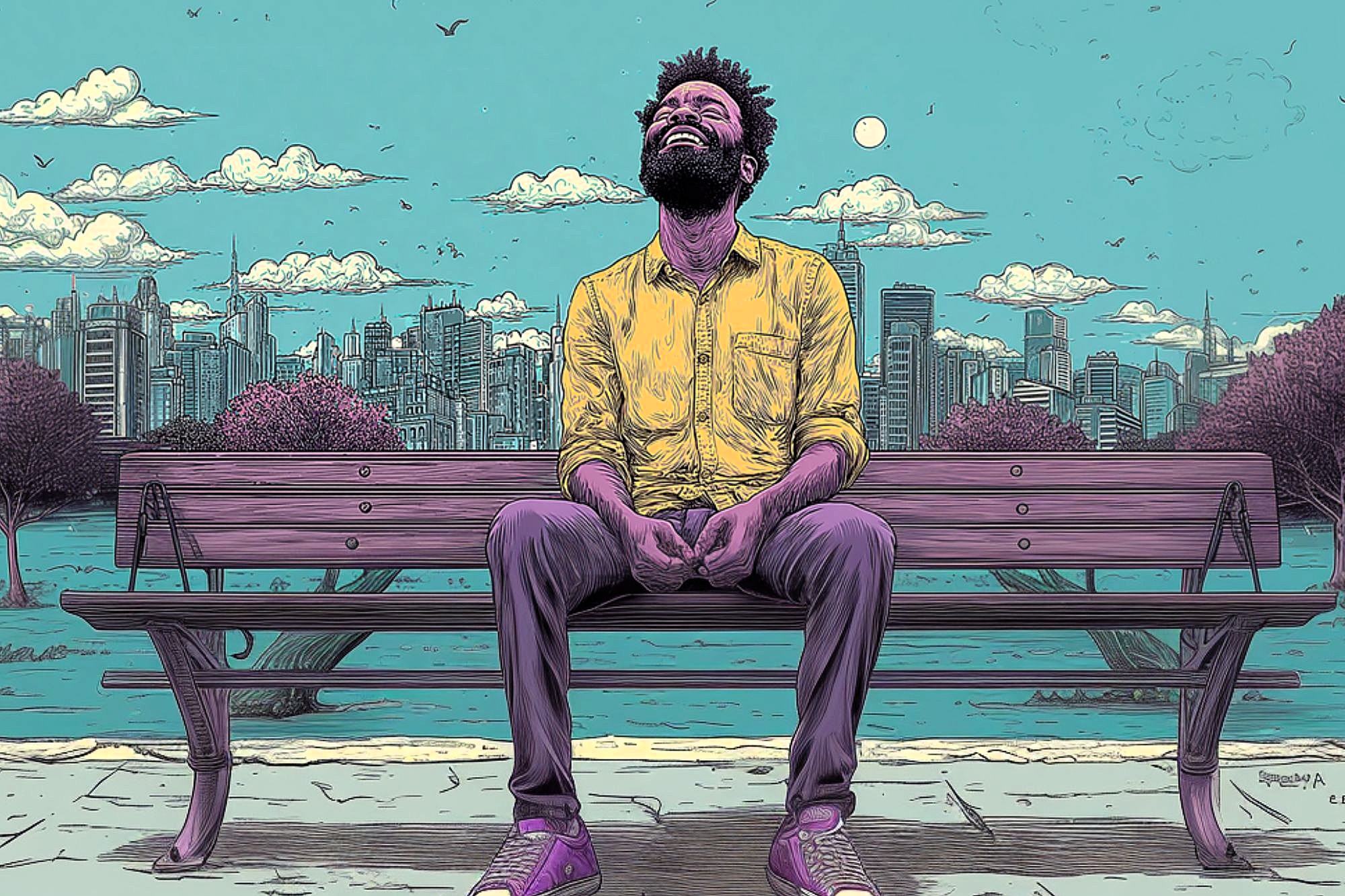 A man with a beard and curly hair sits smiling on a park bench, wearing a yellow shirt and purple sneakers. Behind him is a city skyline under a vibrant, cloudy sky with trees and birds.