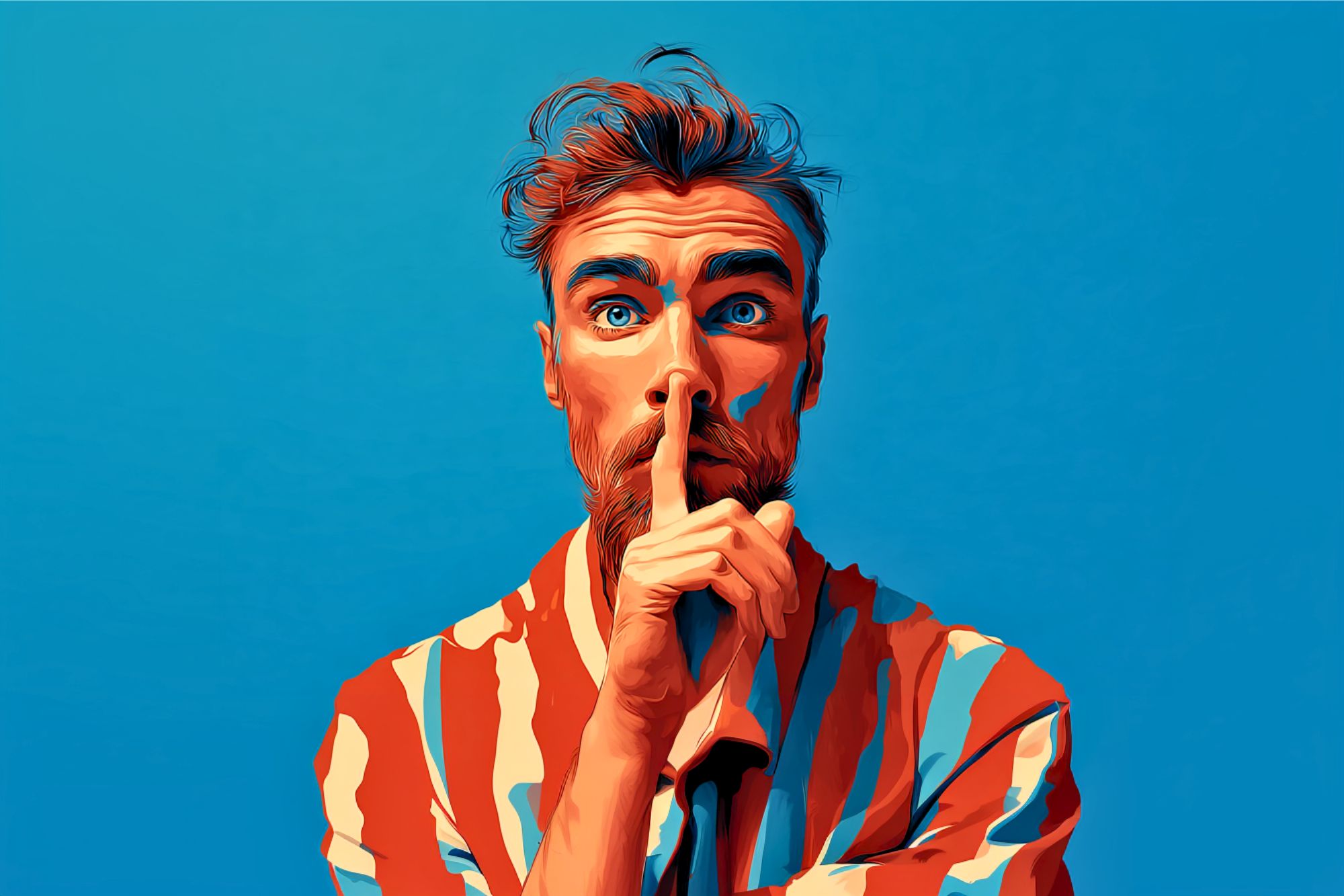 A stylized digital illustration of a man with blue eyes and tousled hair, wearing a red, blue, and white striped shirt, holding his finger to his lips in a "shh" gesture against a blue background.