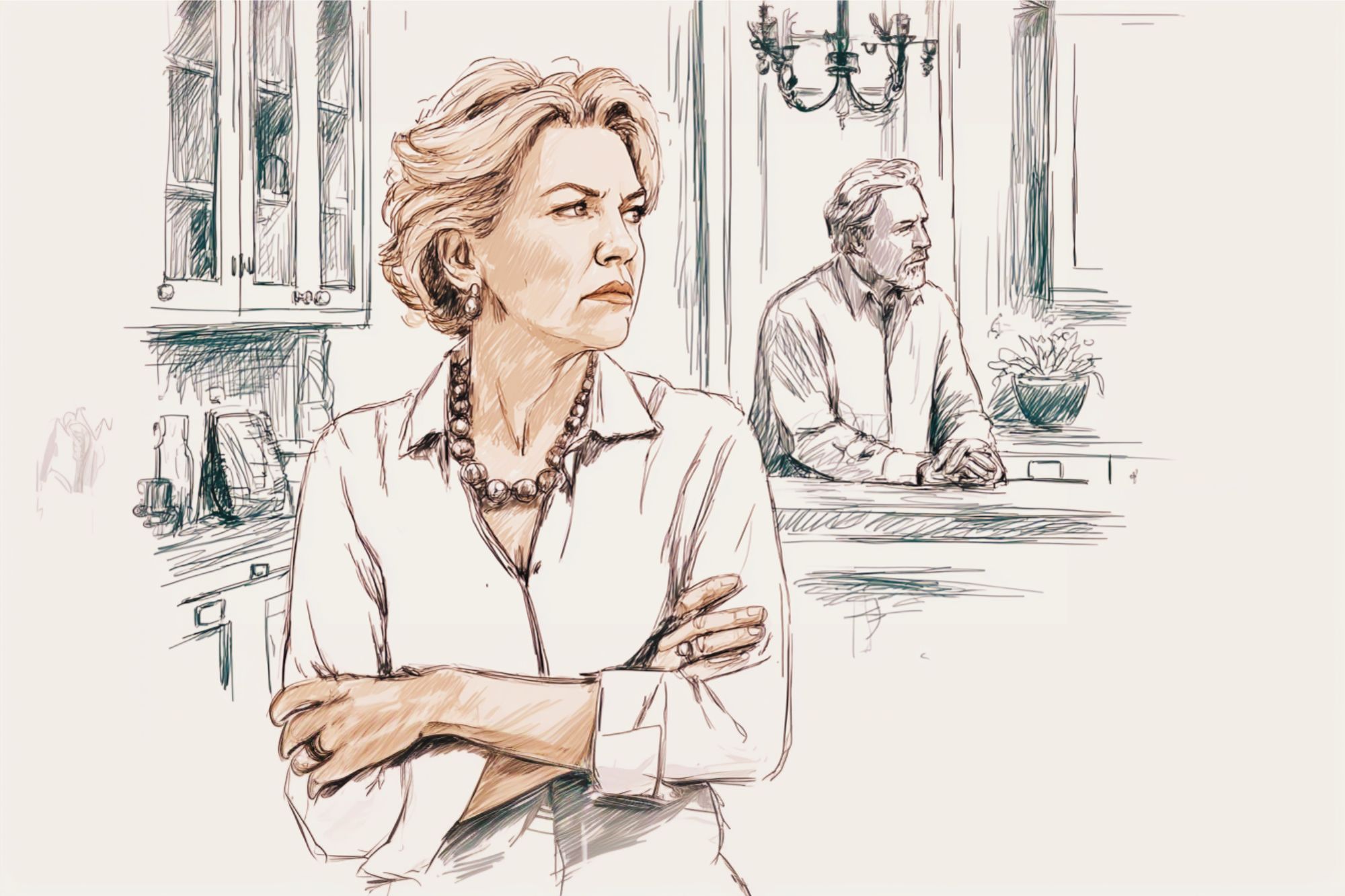 A woman with crossed arms looks upset in the foreground, while a man stands in the background by a kitchen counter, both facing away from each other, suggesting tension or disagreement. The scene is drawn in sketch style.