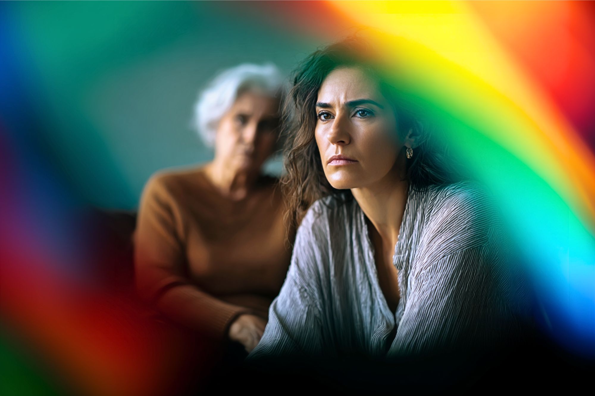 A serious-looking younger woman sits in the foreground with an older woman behind her, both partially obscured by colorful, blurred rainbow light effects.