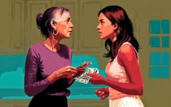 An older woman and a younger woman stand facing each other in a kitchen, both holding cash in their hands, appearing to be in a serious conversation or exchange.