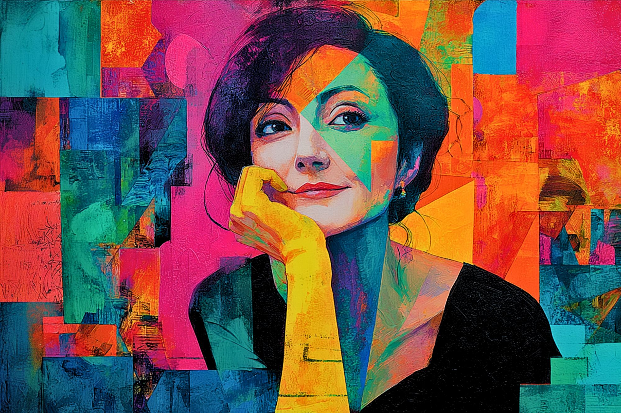 A vibrant, abstract portrait of a woman with short dark hair, resting her chin on her hand. The artwork features bold, geometric shapes and vivid colors, including pink, orange, blue, and teal, creating a modern, expressive feel.