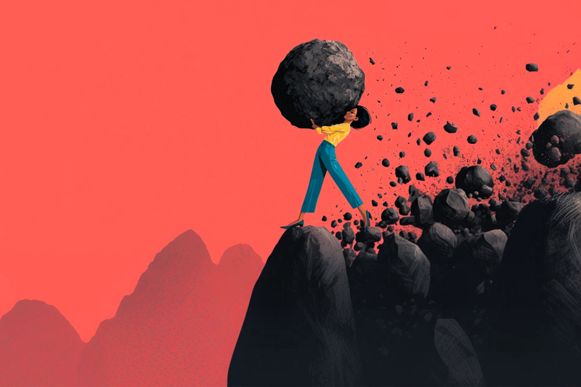 A person in blue pants and a yellow shirt struggles to carry a large boulder uphill, while smaller rocks tumble behind them against a vivid orange background with distant mountains.