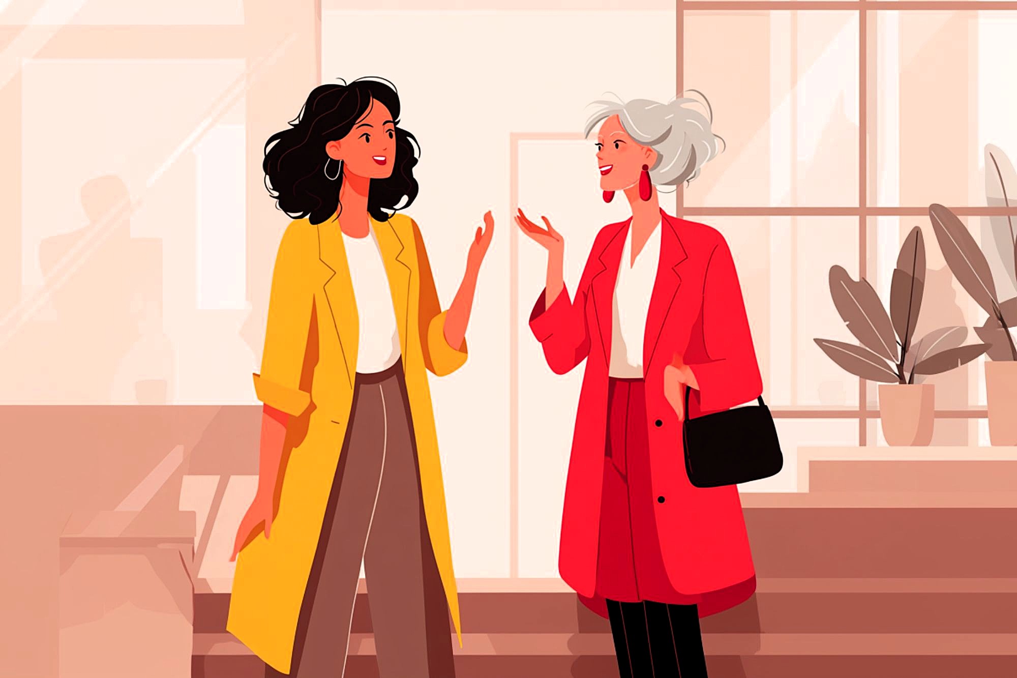 Two women stand indoors, smiling and conversing. One has dark curly hair, a yellow coat, white top, and brown pants; the other has short gray hair, a red coat, white top, black pants, and holds a black bag.