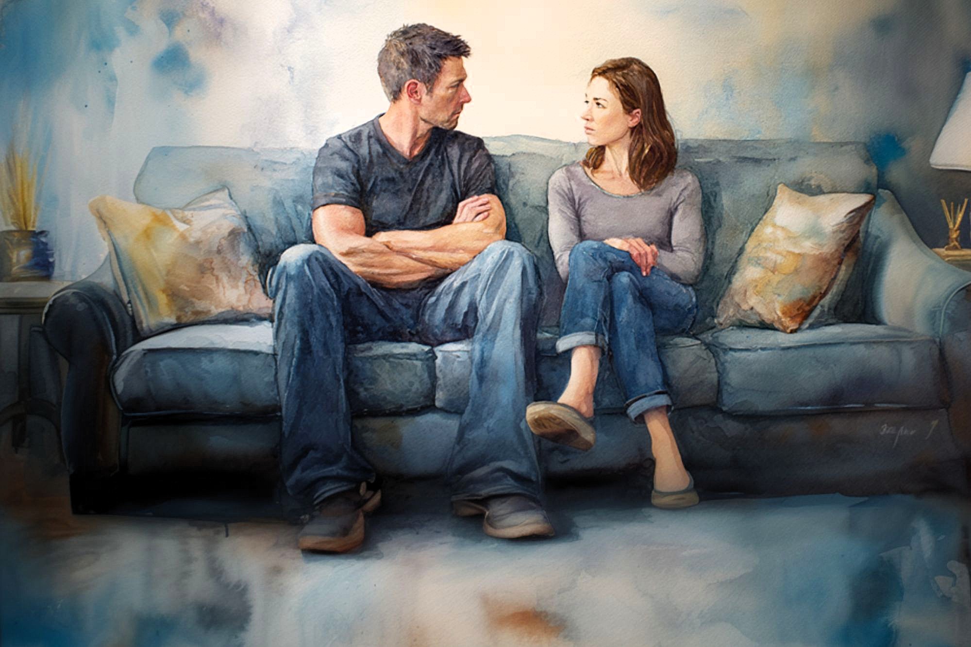 A man and woman sit on a blue couch with crossed arms, facing each other with serious expressions. The background and cushions are softly painted, conveying a tense or emotional conversation.