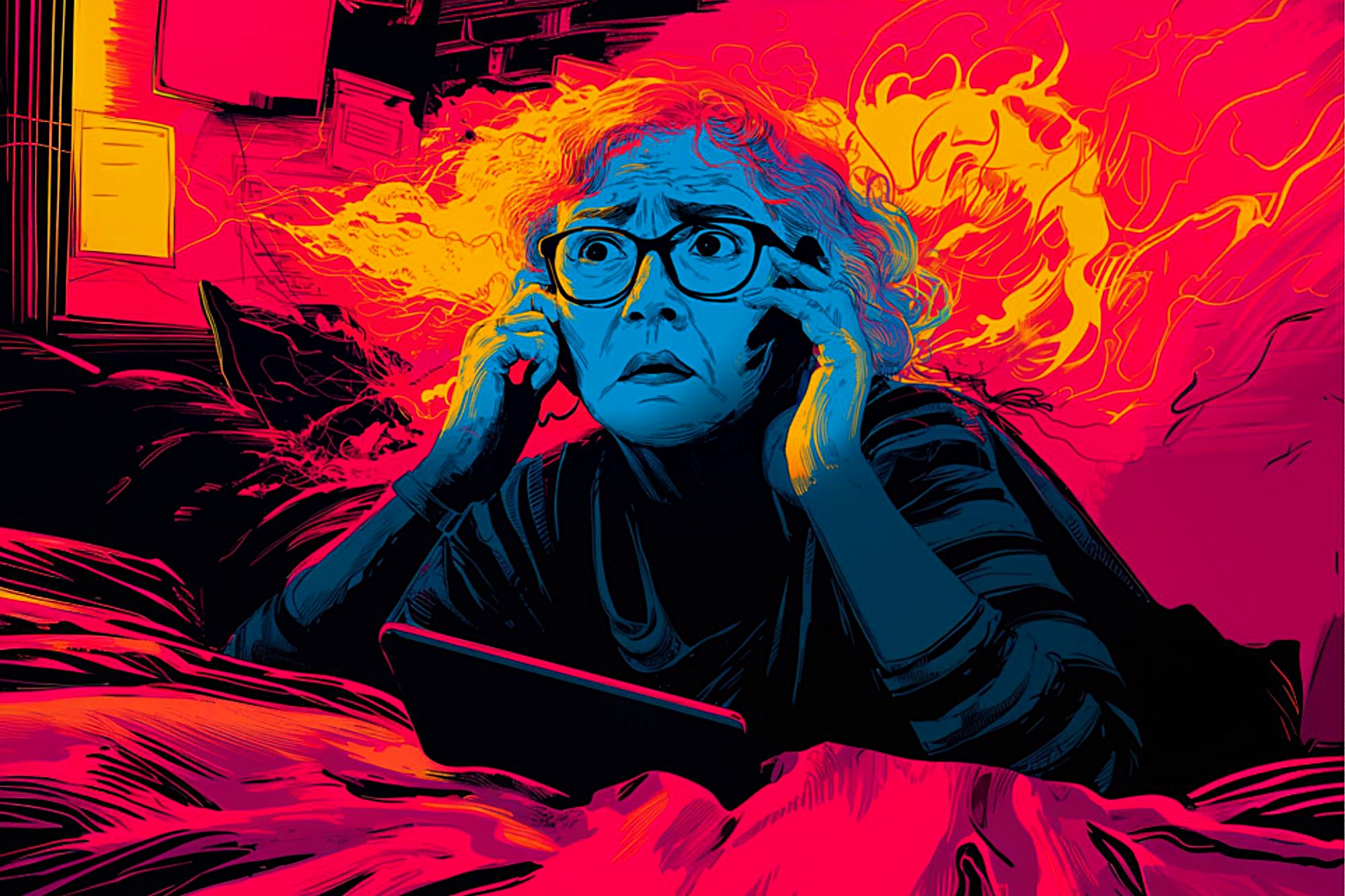 An elderly woman with curly hair and glasses looks anxious while holding a phone to her ear; vivid, swirling neon colors and abstract flames surround her in a dramatic, stylized digital illustration.