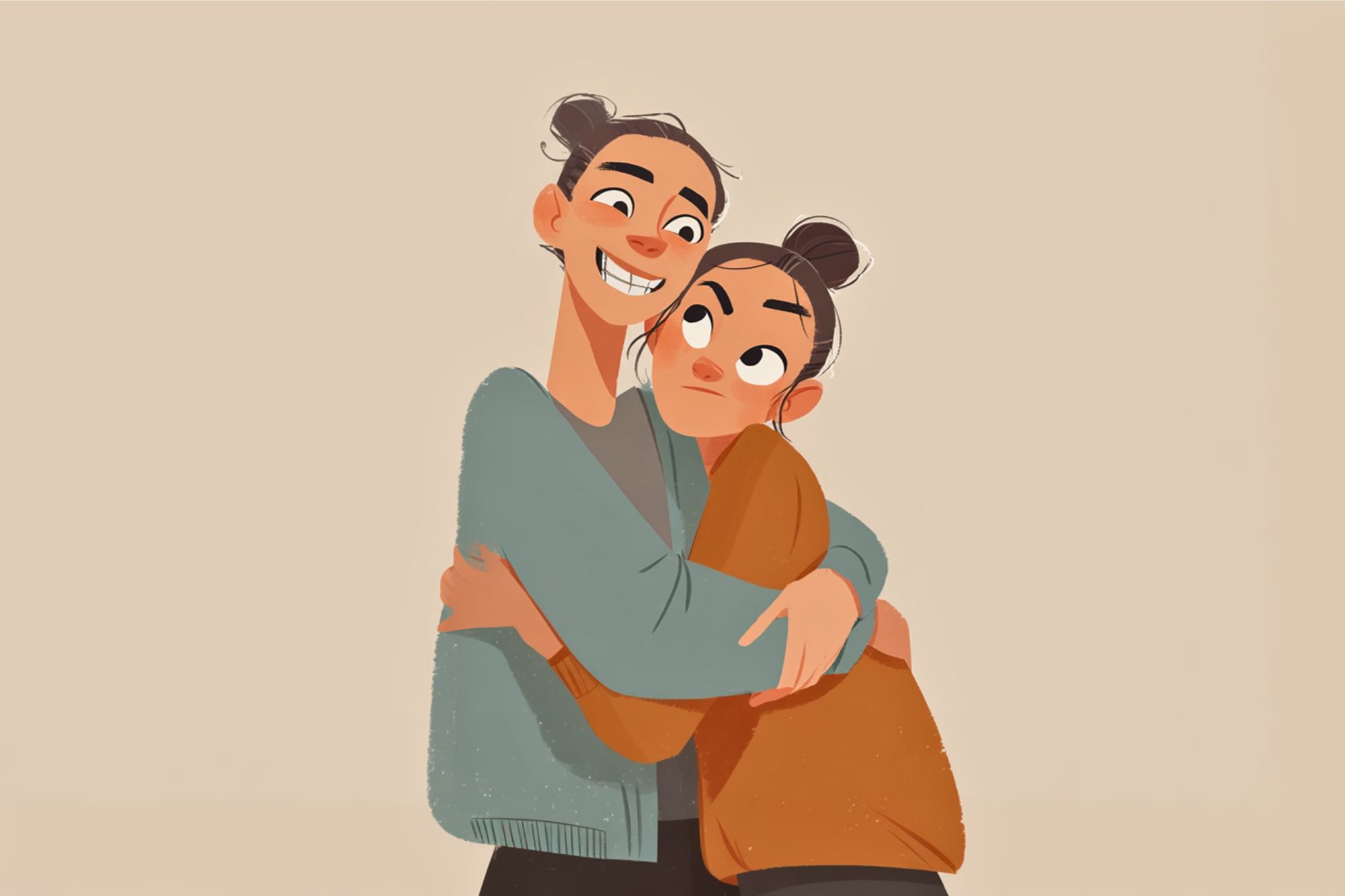 Two animated people with hair in buns hug each other. The person on the left smiles widely, while the person on the right looks off to the side with a neutral expression. Both wear cozy jackets against a plain beige background.