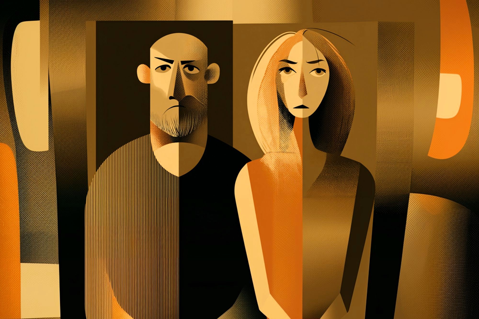 Abstract illustration of a man with a beard and a woman with long hair, both with serious expressions, created in warm shades of brown, gold, and orange, using geometric shapes and stylized lines.