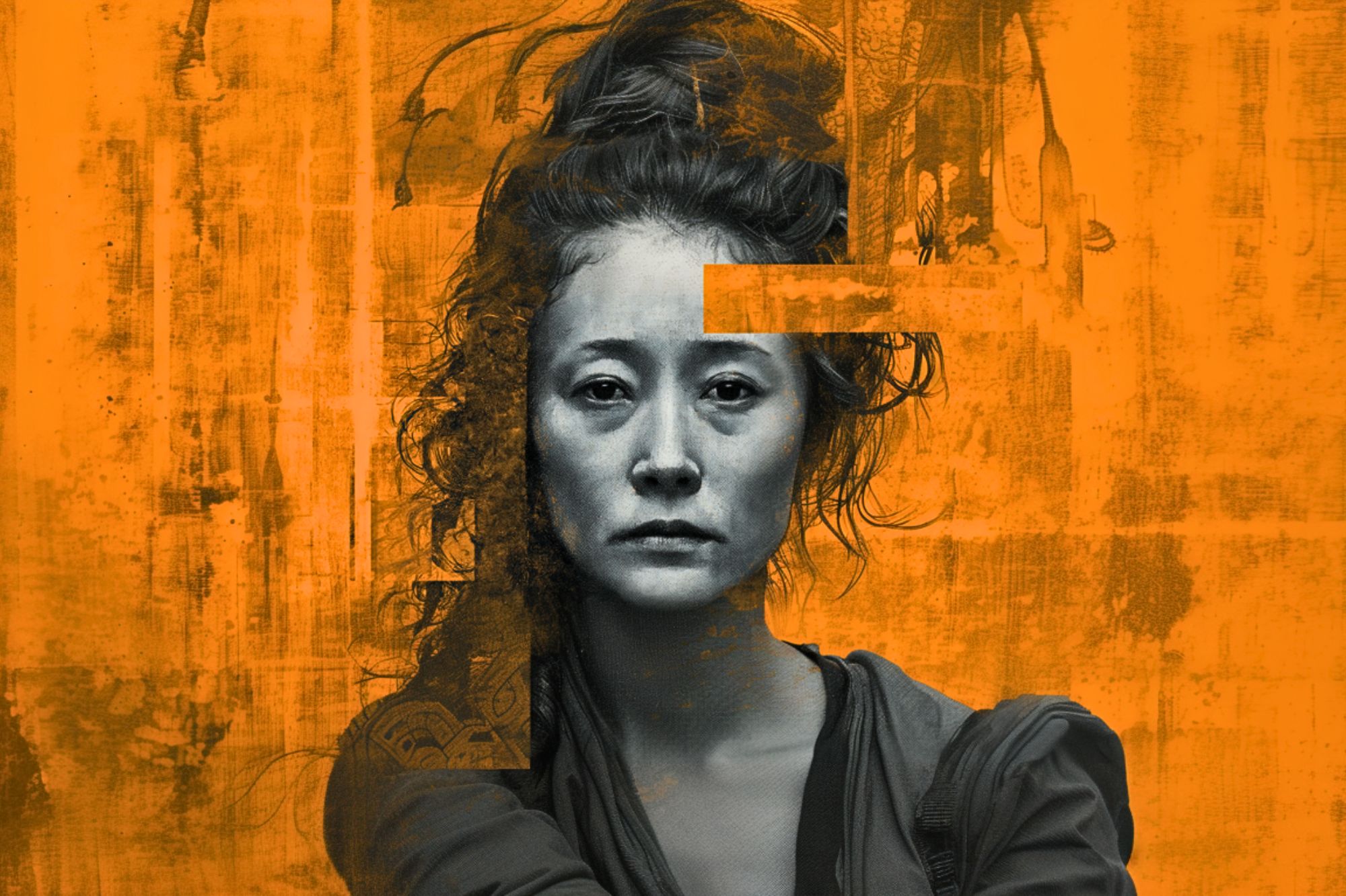 A grayscale portrait of a woman with curly hair and a serious expression, set against an abstract orange background with textured and painted elements. An orange rectangle partially obscures her forehead.