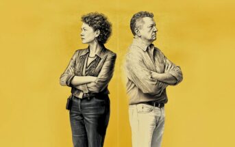 A woman and a man stand back-to-back with arms crossed, both looking away from each other against a solid yellow background, suggesting disagreement or conflict.