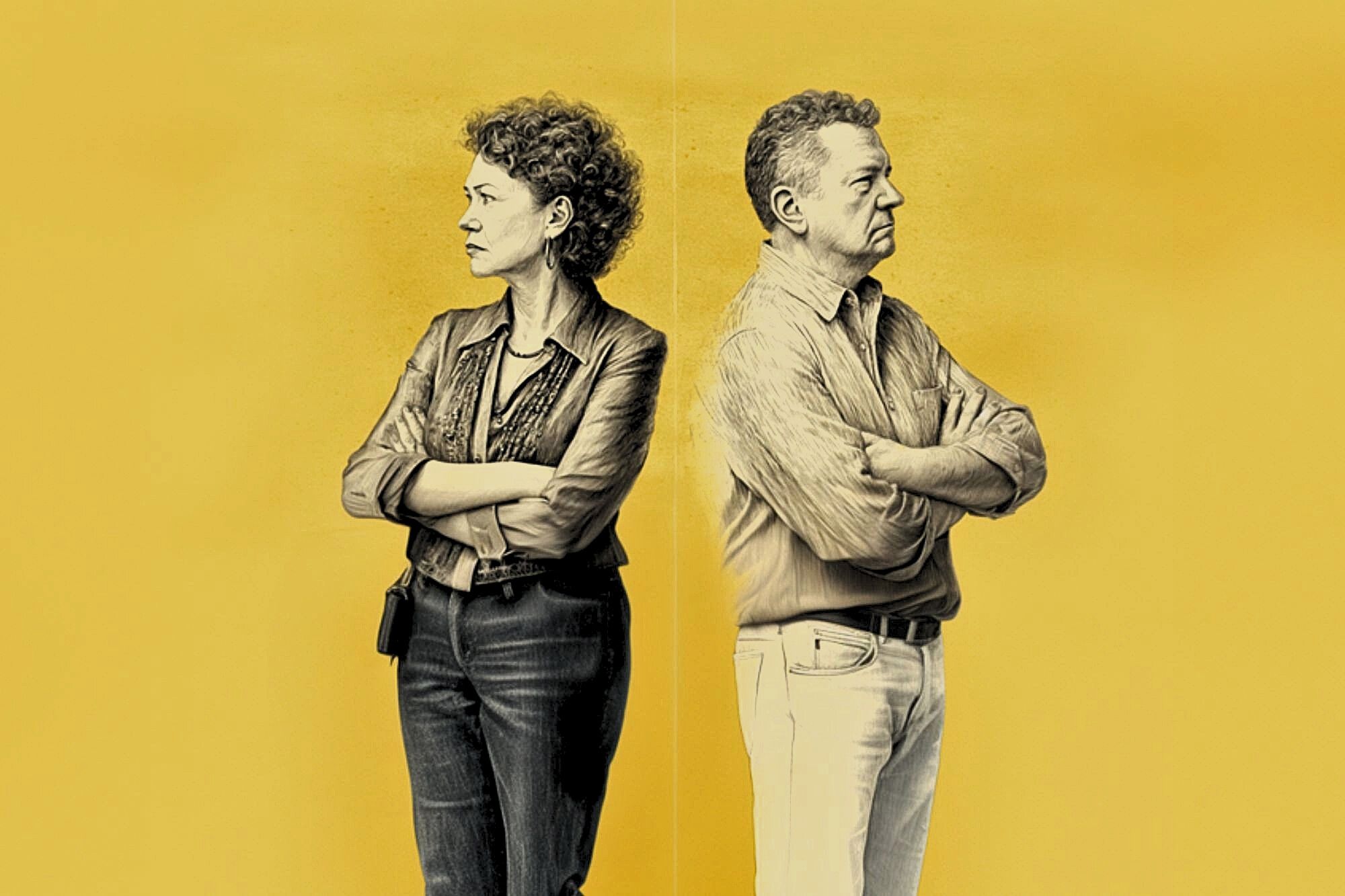 A woman and a man stand back-to-back with arms crossed, both looking away from each other against a solid yellow background, suggesting disagreement or conflict.