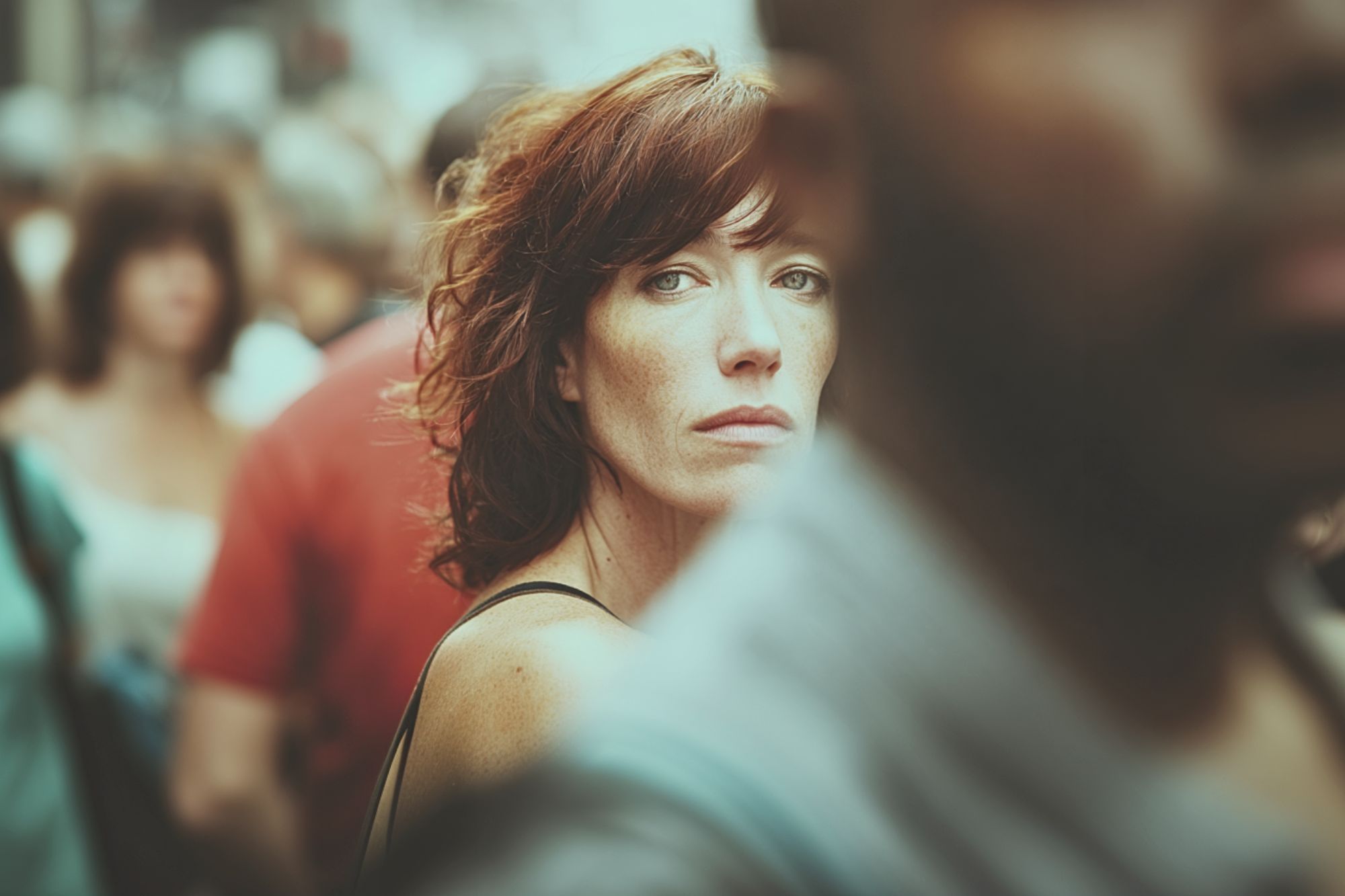 A woman with red hair and fair skin stands in a crowded street, looking directly at the camera with a serious expression. The foreground and background are blurred, highlighting her face.