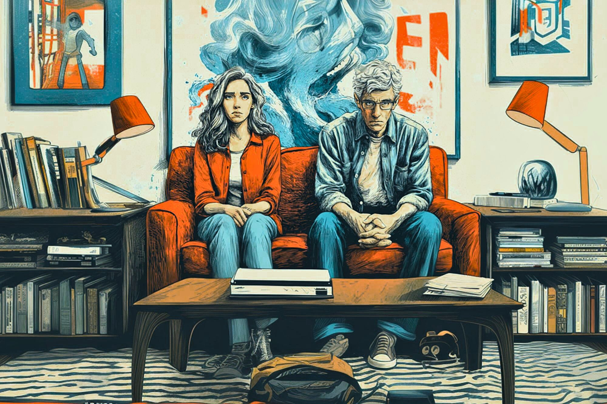 A woman and man sit tensely on a red couch in a living room, surrounded by books, lamps, and abstract artwork. A coffee table with papers and a backpack is in front of them; both look serious and distant.