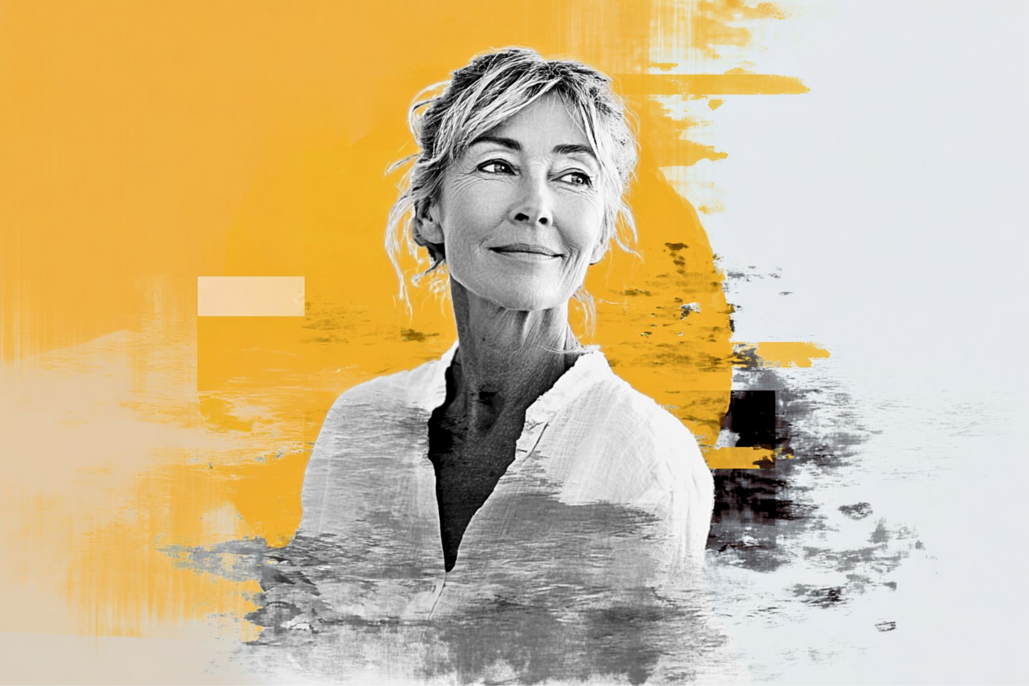 A middle-aged woman with light hair and a slight smile looks off to the side. She wears a white shirt and is set against an abstract background with yellow and gray brush strokes.