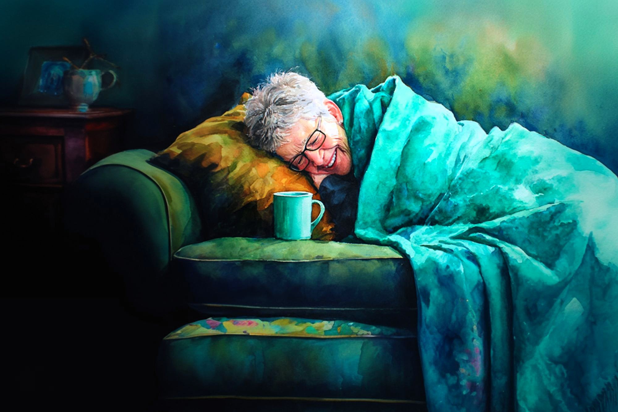 An older person with short gray hair and glasses smiles while resting on a couch, wrapped in a teal blanket, with a mug placed nearby. The setting is cozy and softly lit, suggesting comfort and relaxation.