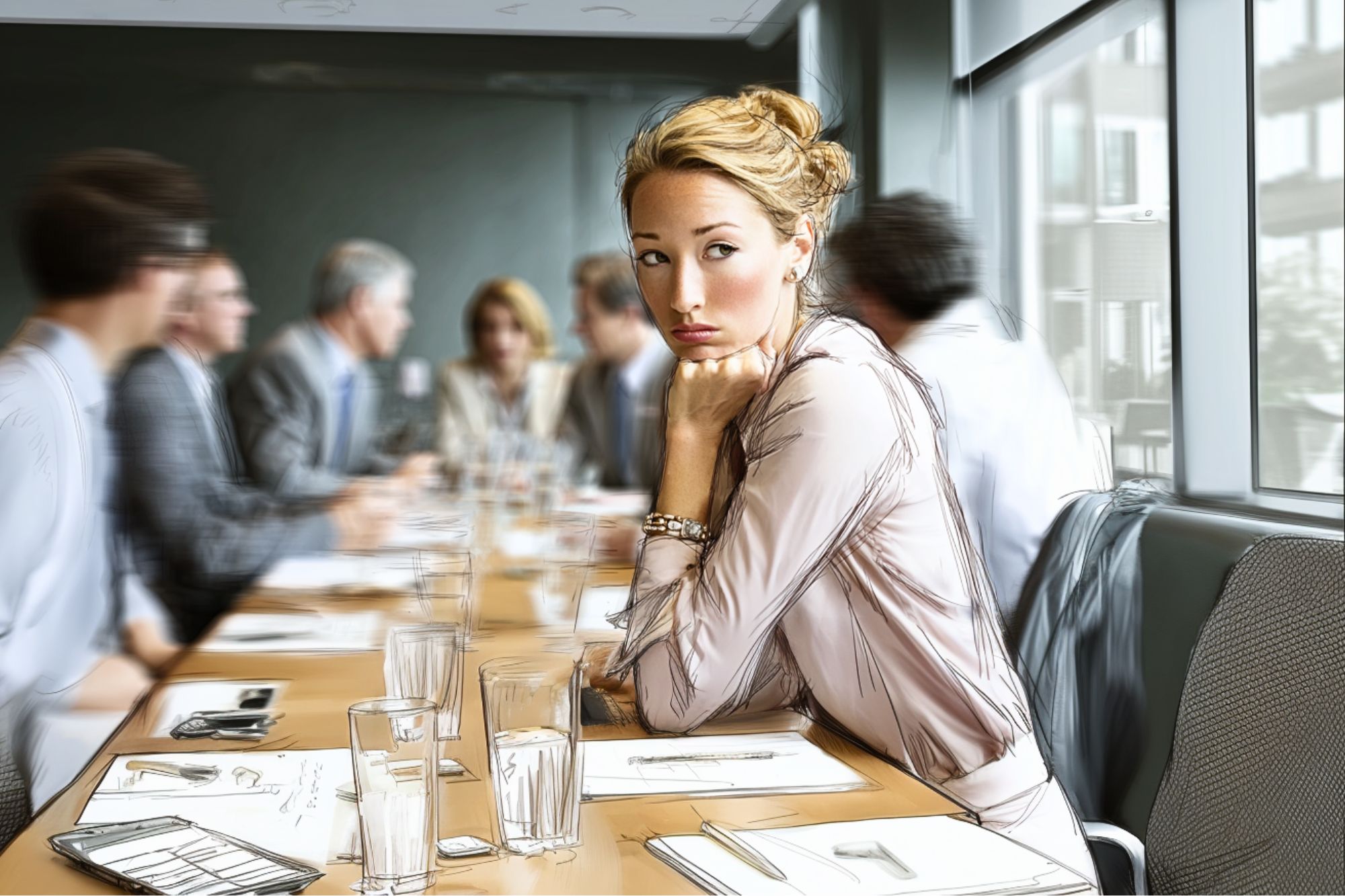 A woman sits at a conference table, looking thoughtful and slightly distant, while several people around her are engaged in discussion. Papers, glasses of water, and pens are spread out on the table.