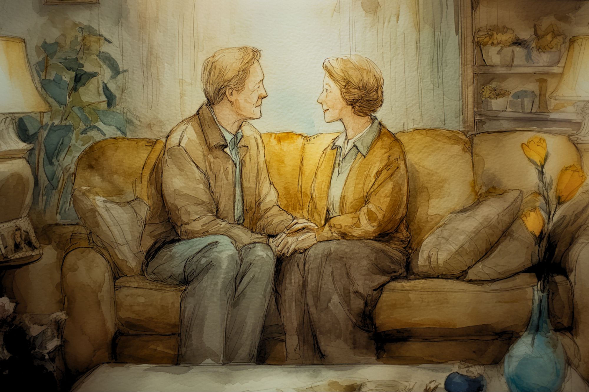 A watercolor-style painting of an older couple sitting close together on a sofa, holding hands and smiling warmly at each other in a cozy, softly lit living room.