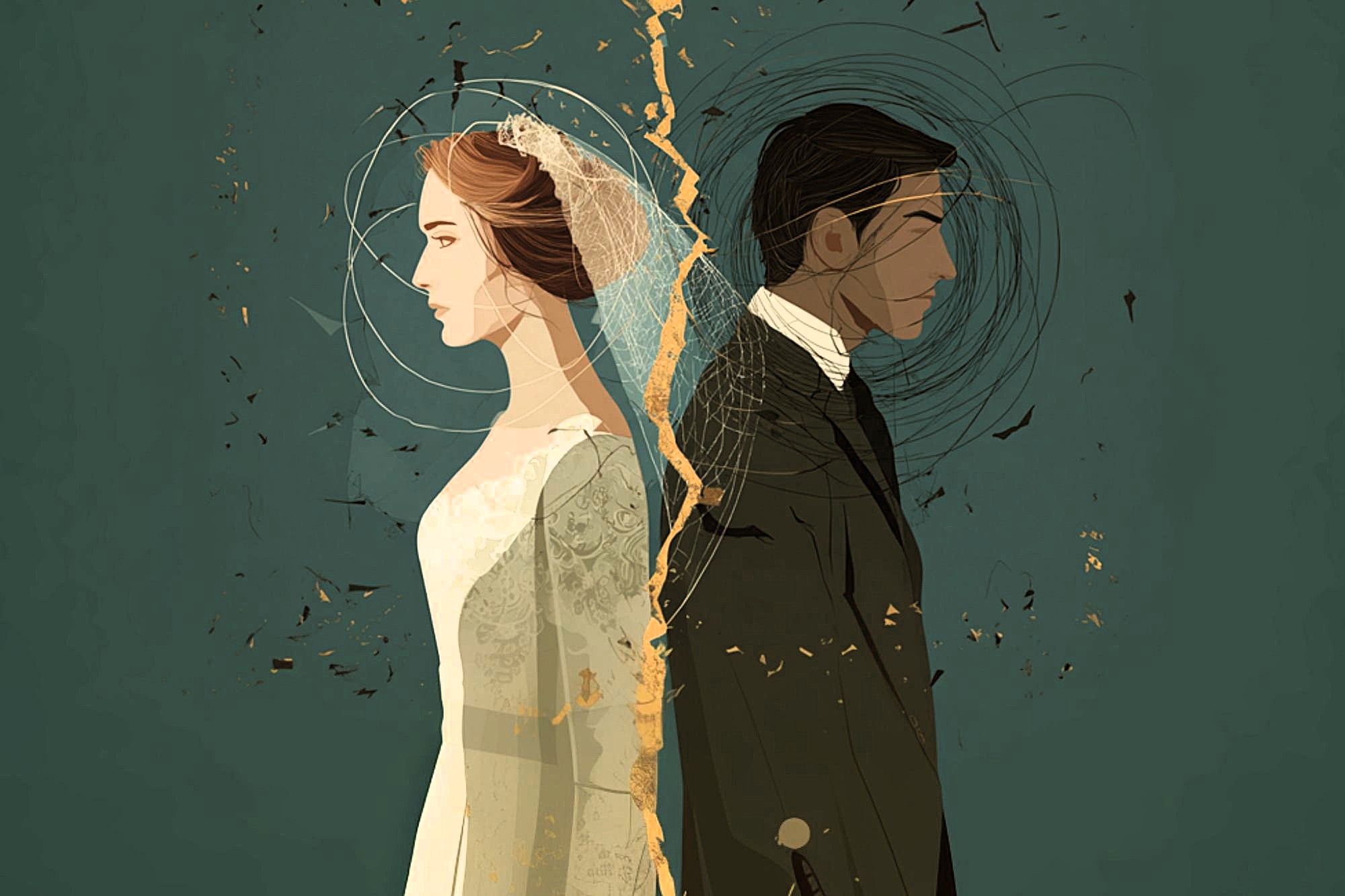 A bride and groom stand back-to-back, separated by a jagged golden crack, set against a green background with swirling lines, symbolizing separation or emotional distance.
